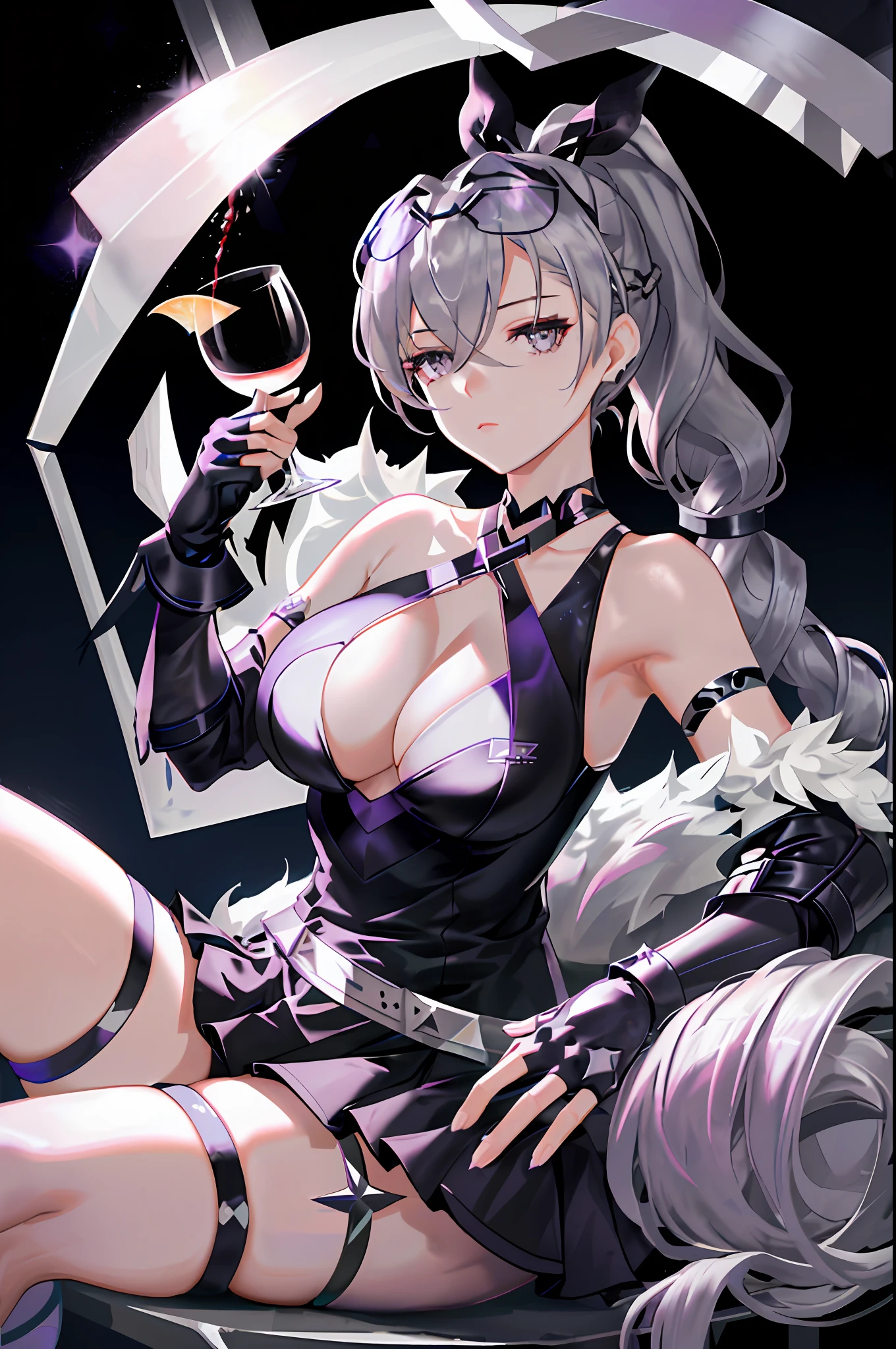 Silver wolf, honkai star rail, 1girl, alcohol, alternate costume, armlet, bare shoulders, black background, black dress, black gloves, black thighhighs, breasts, cleavage, criss-cross halter, cup, dress, drinking glass, flower, gloves, gradient background, hair between eyes, halterneck, holding, holding cup, large breasts, long hair, looking at viewer, ponytail, silver hair, silver short nails, silver eyes, see-through gloves, solo, thighhighs, thighs, very long hair, wine, wine glass, ((masterpiece)) pleated purple skirt, sitting,