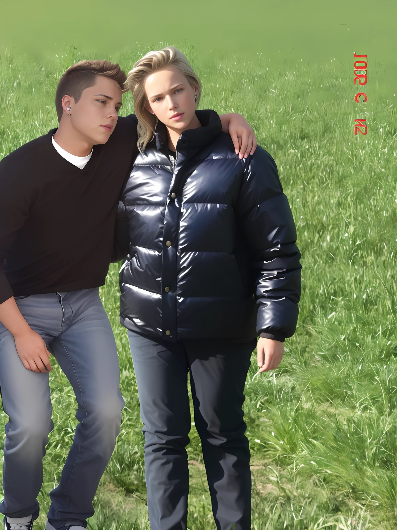there is a young couple standing arm-in-arm on the grass, there is a blond woman wearing a high-shine puffy jacket, a wetlook moncler jacket, a blond woman is crying with sorrow, a blond woman is holding an injured boy, there is a boy in jeans and dark shirt hugging a blond woman in a very shiny padded laquered coat, a boy has a painful face and cannot walk, there is a blond girl giving support to an injured boy, a wounded boy cannot walk and has to be supported by a girl, a sad looking girl ia carrying a wounded boy, masterpiece, solo, russian woman, 20 years, clothed, jeans, punk shirt, brown shoes, super detailed background, wheat field, detailed face, brown eyes, smile, hands detailed hands, fingers:5, brunette, full body and legs portrait, police black jacket, short hairs, headphones