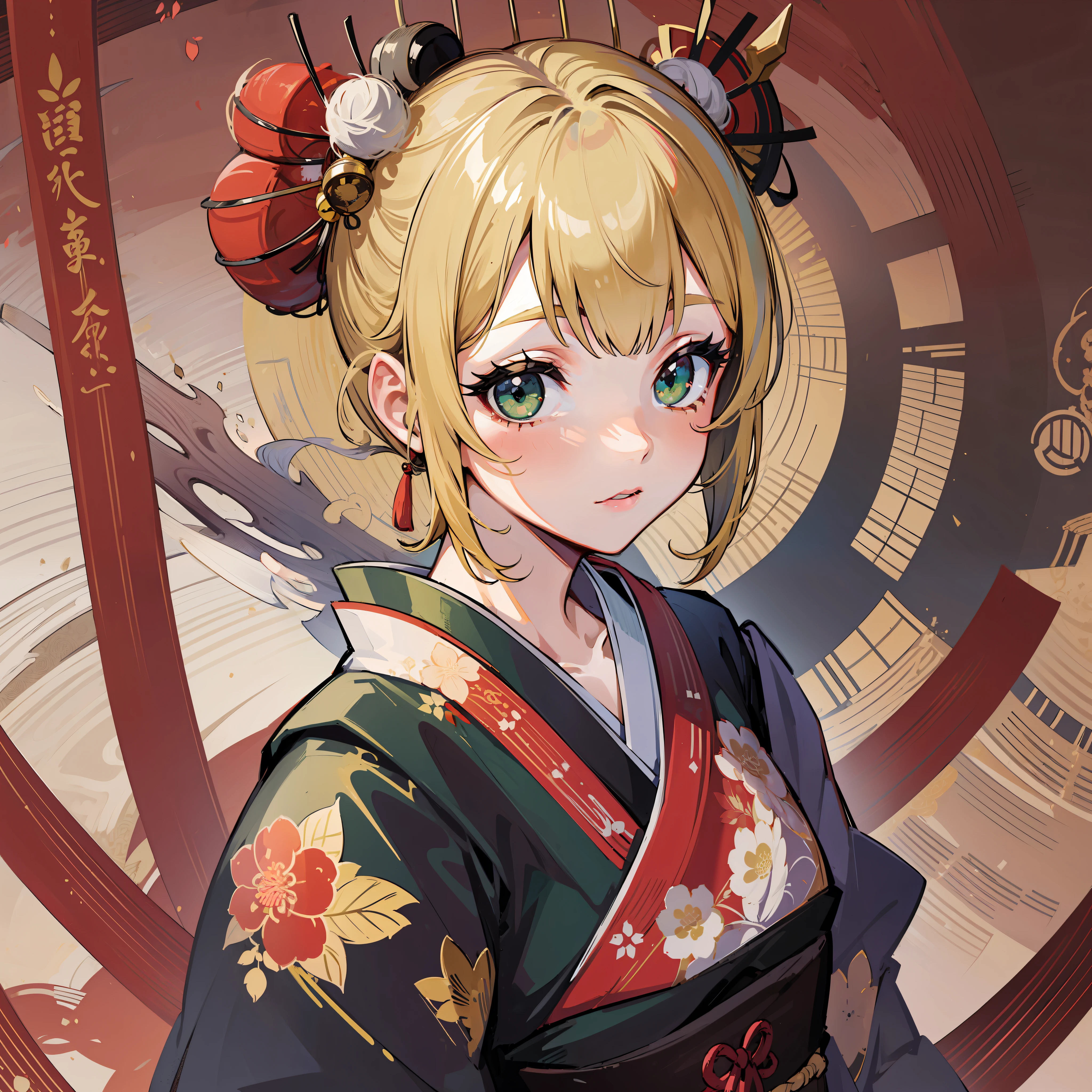 absurdity, elevation, super detail, (1 girl:1.6), grainy, black and white, BREAK, ((traditional Japanese art)), (red and white), enchanted shape,(1 girl short blonde hair, green eyes) dreamy image, zen calligraphy, BREAK, hanfu, geisha, exotic, upper body