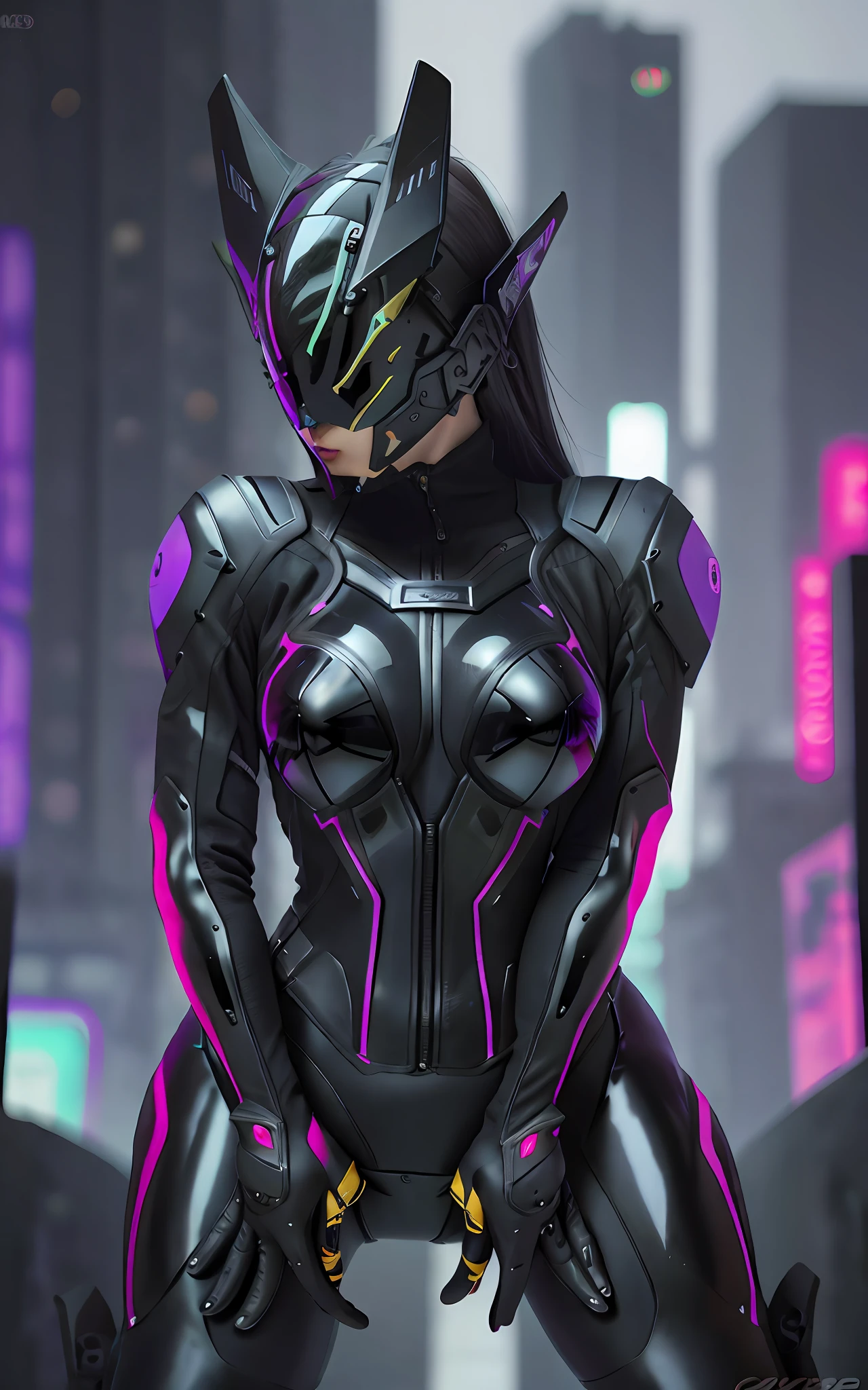 16k image, gorgeous [cat-Woman | Batman], black tight  leather bikeroutfit on body, bikersuit, biker gloves, (huge breasts), slim body, futuristic (all closed cyber helmet) with jackal ears, faceoff, cyberpunk, lustful, seductive, leaning down, bending down, sexy pose, side view, ( on background of night neon japan city ), detailed digital art, cybernetic, detailed palms, detailed biker gloves,