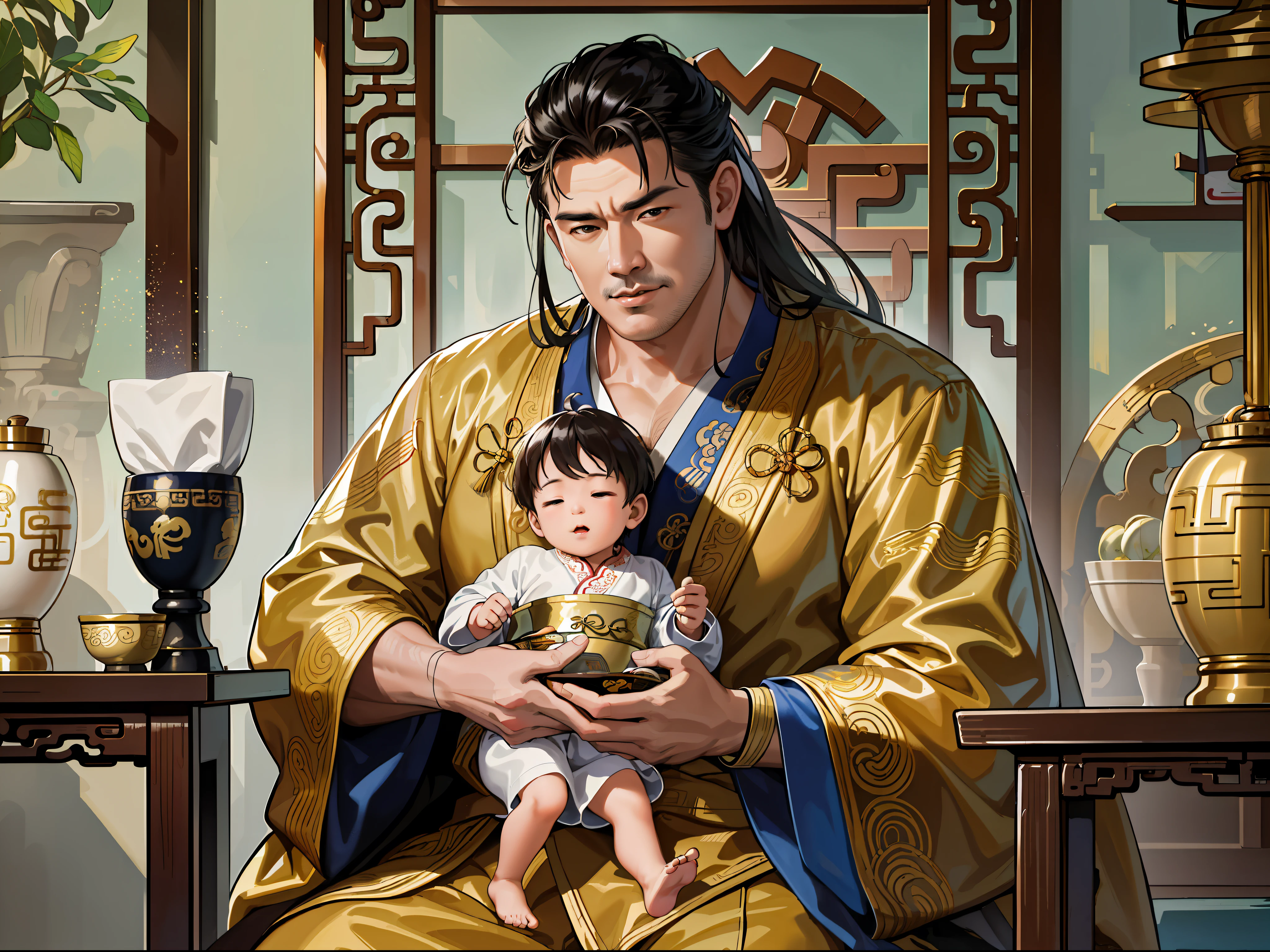 (ridiculous, high resolution, super detailed, realistic,), 1 middle-aged fat man, 50 years old, Qing dynasty style, gold theme robe, greasy, rich, rich man, sitting, holding a child, little boy, sick, small child asleep,, ancient Chinese style, HD photo.