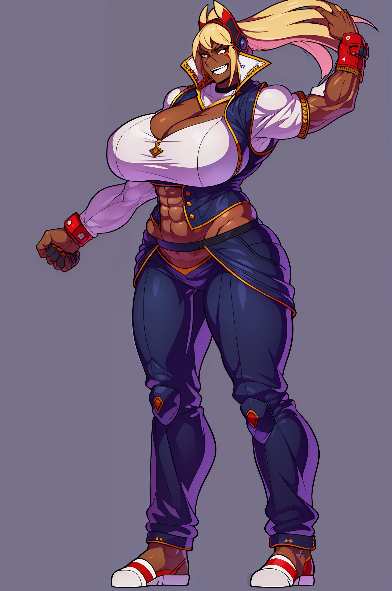 muscle girl,huge breast,, tall female, ,pants, solo focus, 1character, portrait full body,dark skinned female, , vest, coat, walking, medieval clothing, long hair, blond hair,, open mouth smile, revealing cloths, , berserker, warrior,portrait, full body, walking,lingerie