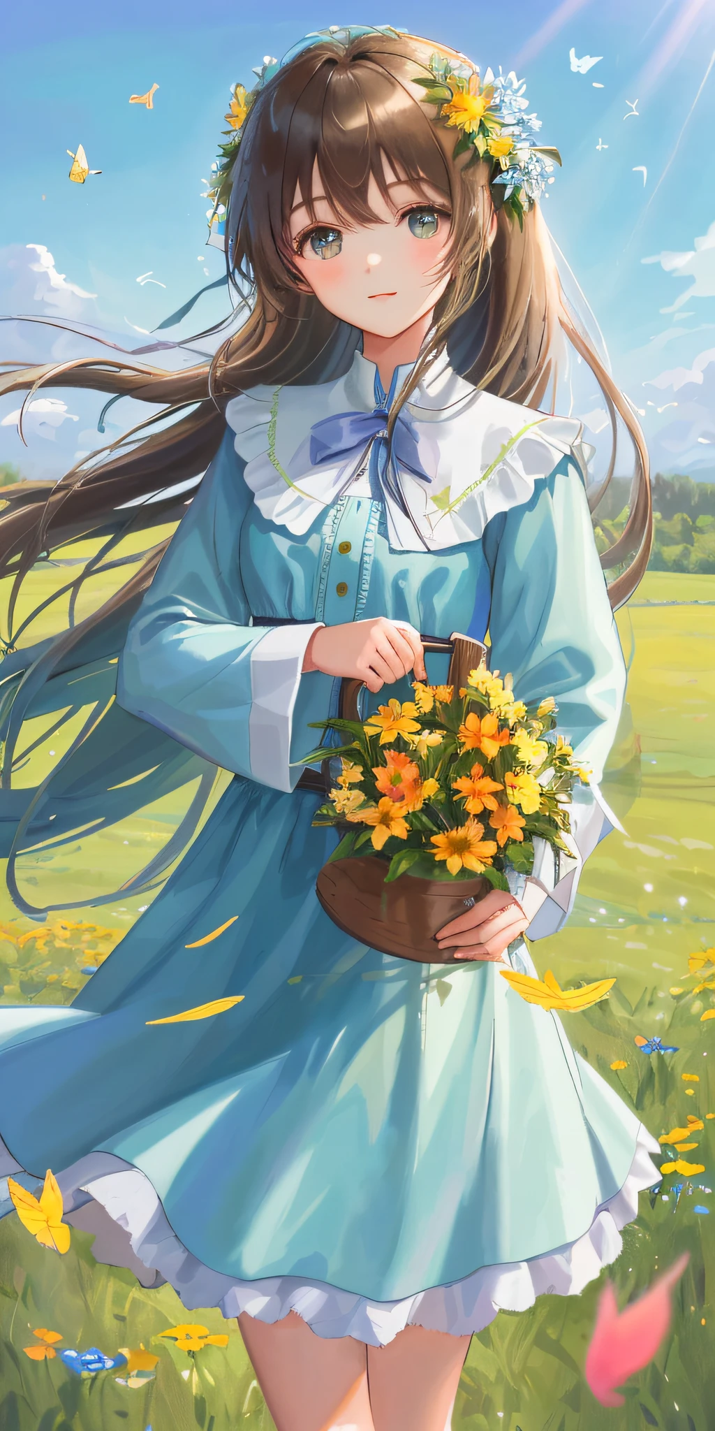 High Detail, Ultra Detail, Ultra High Resolution A cute and innocent girl enjoying her time in the open field, surrounded by the beauty of nature, warm sun sprinkling on her, rainbows, wildflowers gently swaying in the breeze. Butterflies and birds flutter around her, adding to the playful atmosphere, --v6