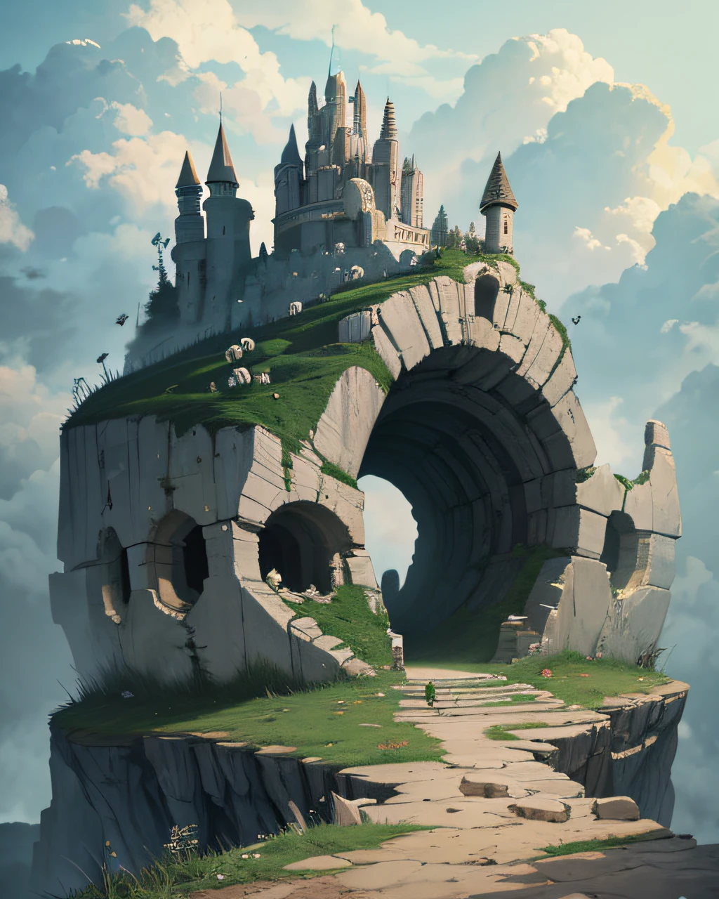 a person walking through cliff made of human skulls, fantasy, horror
