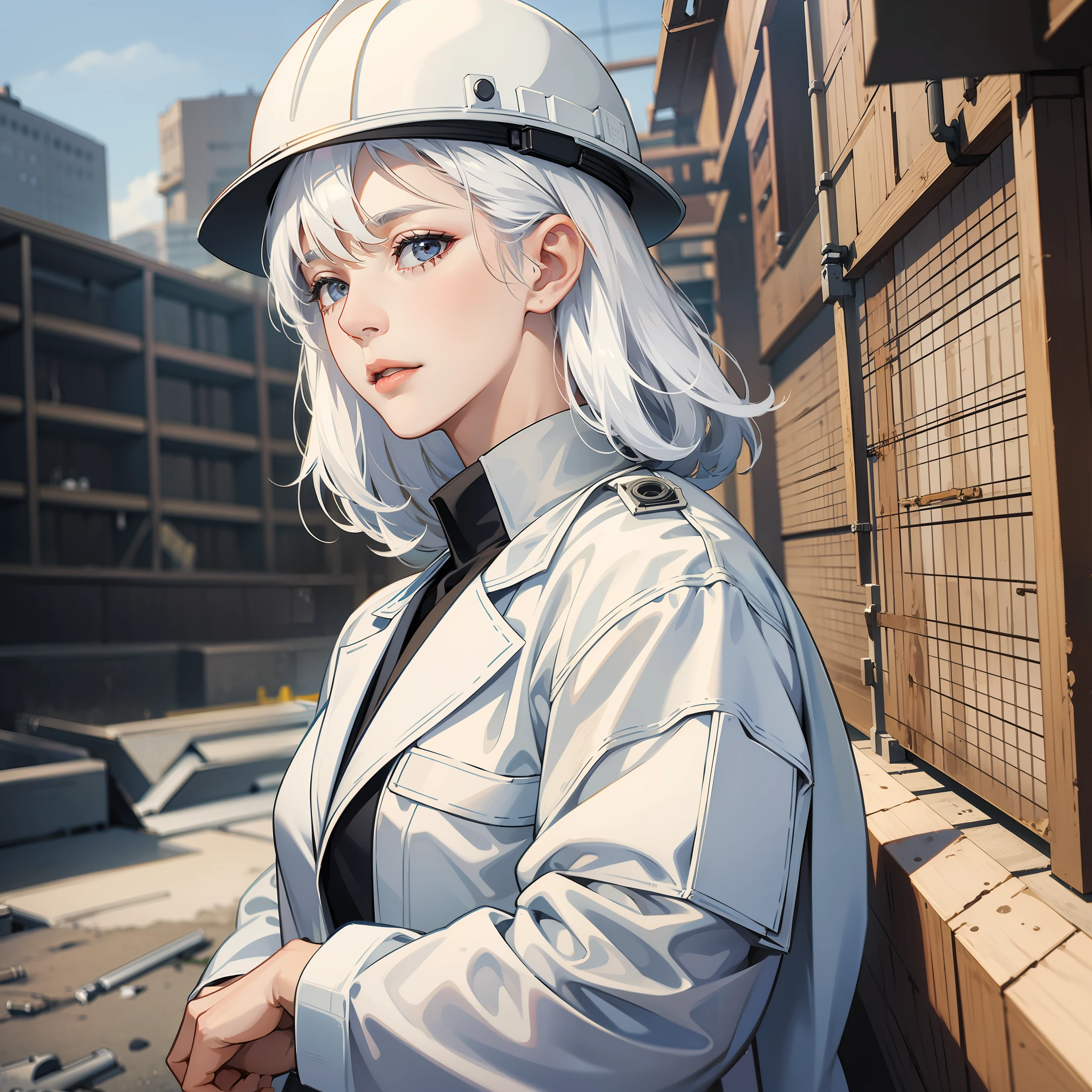 Female, middle-aged, white hair, wrinkled, wearing white suit, wearing white hard hat, construction site background