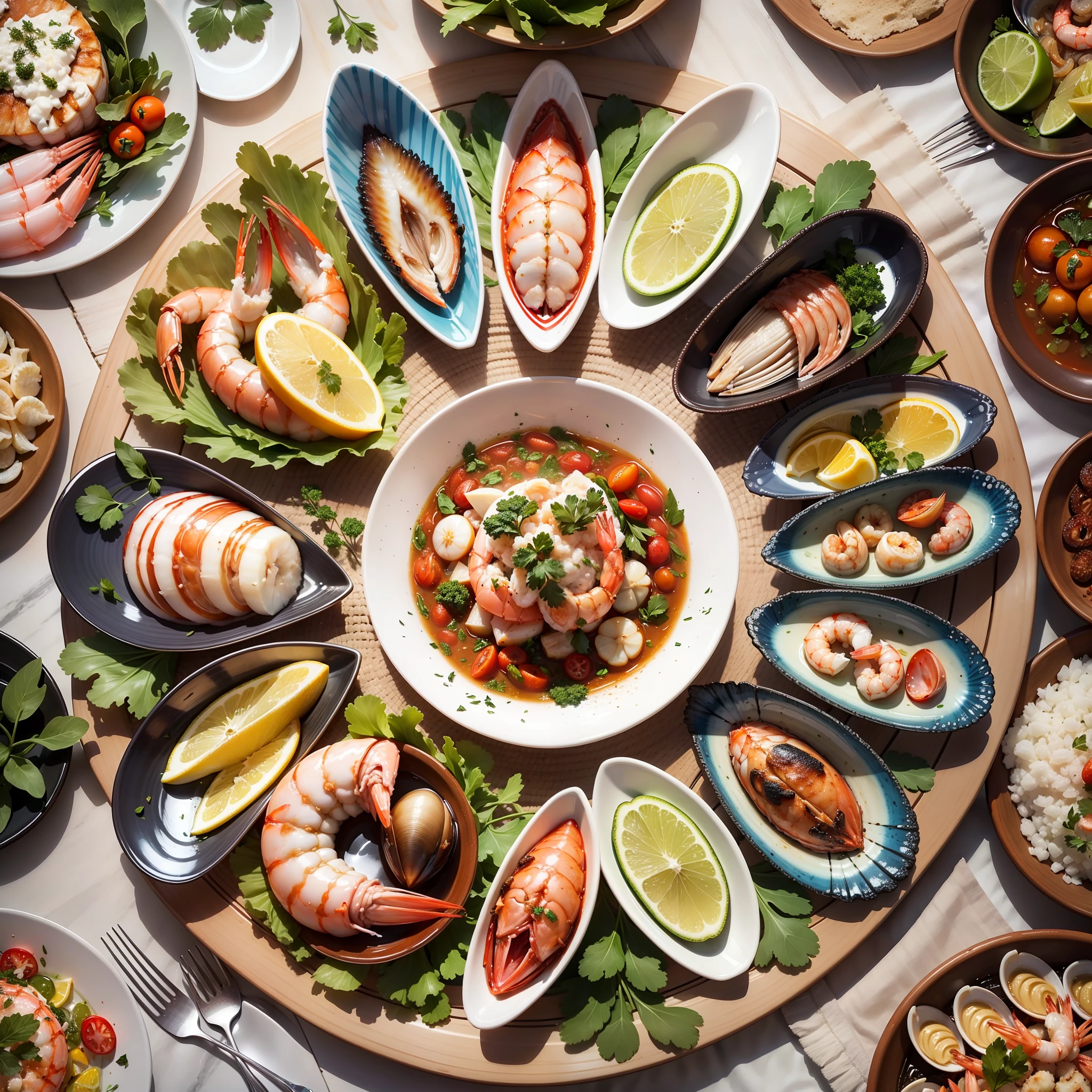 In Portuguese of Portugal a seafood platter closer to reality where appears shrimp, santola, clams, scallops, with a bottom of a beach --auto --s2
