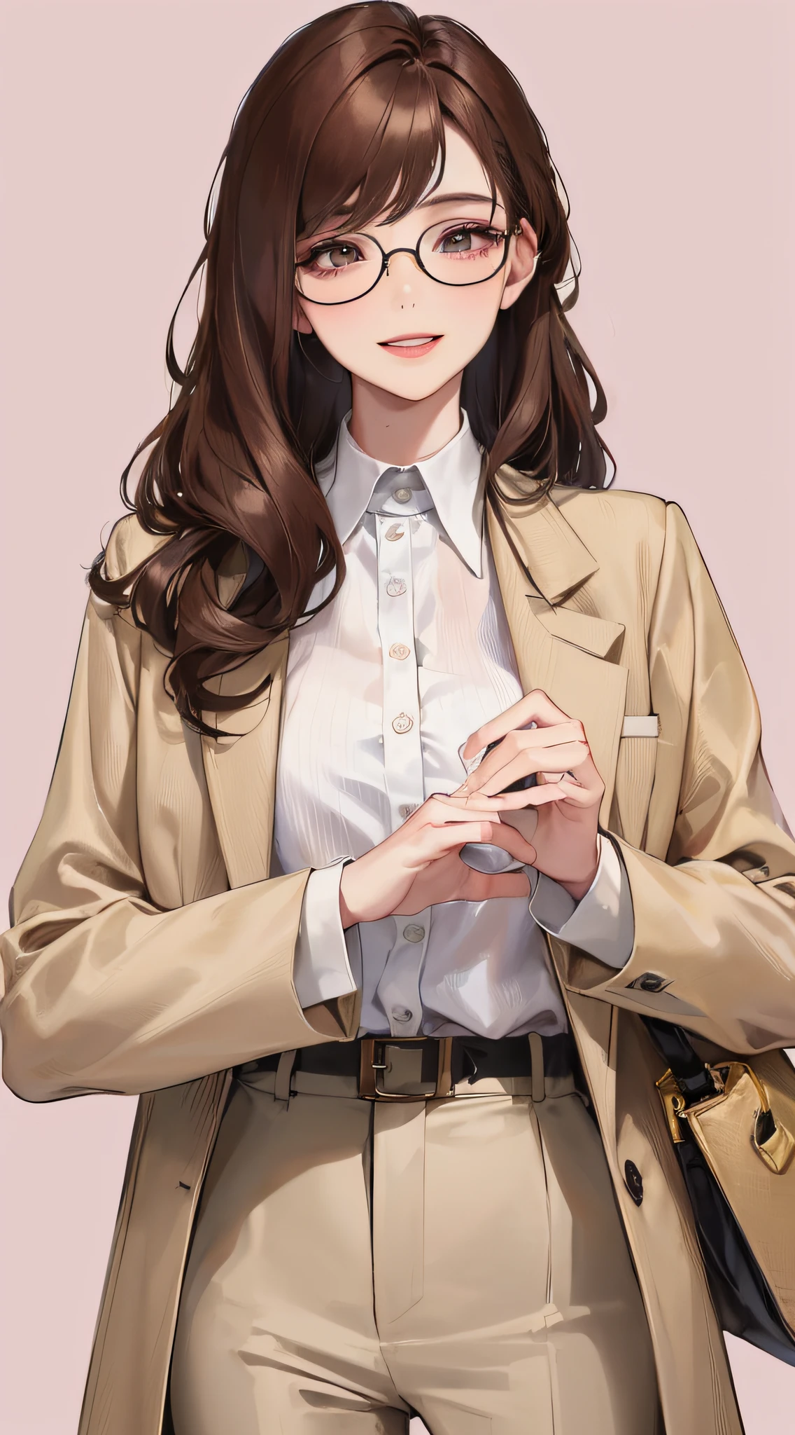 (((1 woman))),(MAX resolution, distinct_image) Best quality, masterpiece, highly detailed, semi-realistic, brown braid hair, black-rimmed glasses, smile, bangs, 21 years old, mature, young, white Y-shirt, beige tailored jacket, pink background, delicate facial features, facial features