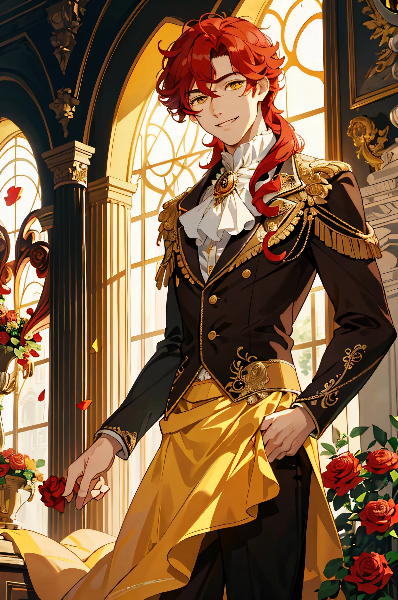 Masterpiece, best quality, 1 male, teenager, delicate eyes, intricate details, rich movements, delicate skirt, long red curls, yellow eyes, smile, gentle smile, sunlight, roses, flames, best light and shadow
