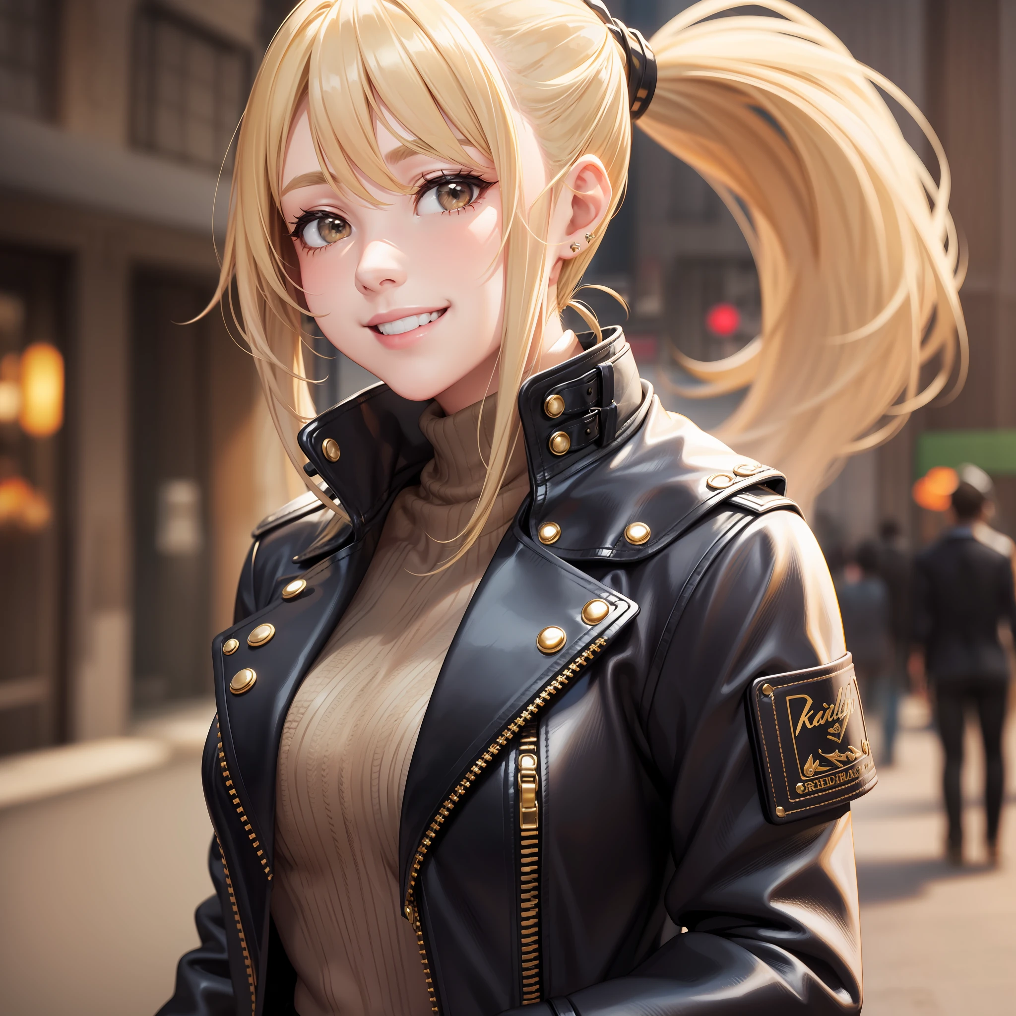 Harlem Girl Leather Jacket Smile Best Quality Blonde Ponytail Cute Beautiful Girl