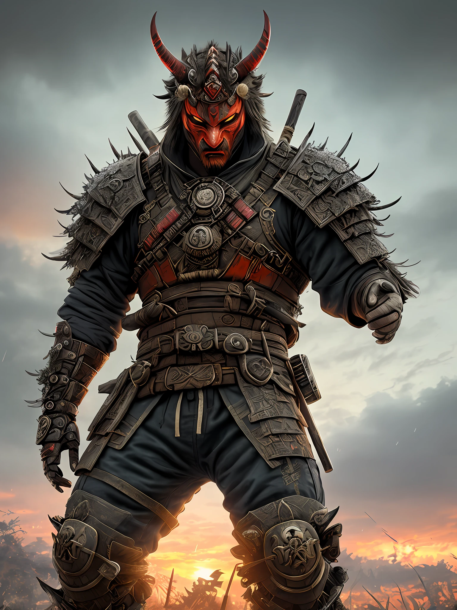 Biopunk samurai wearing demon oni mask, full samurai armor, head down, in village, full body shot, epic realistic, (hdr:1.4), (muted colors:1.4), (intricate details, hyperdetailed:1.2), dramatic , heavy rain, sunset, dark clouds