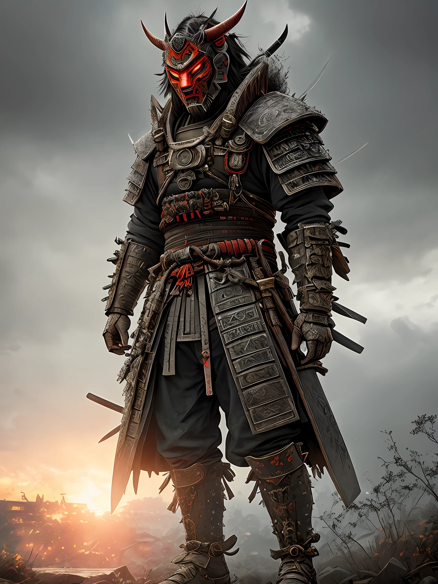 Biopunk samurai wearing demon oni mask, full samurai armor, head down, in village, full body shot, epic realistic, (hdr:1.4), (muted colors:1.4), (intricate details, hyperdetailed:1.2), dramatic , heavy rain, sunset, dark clouds