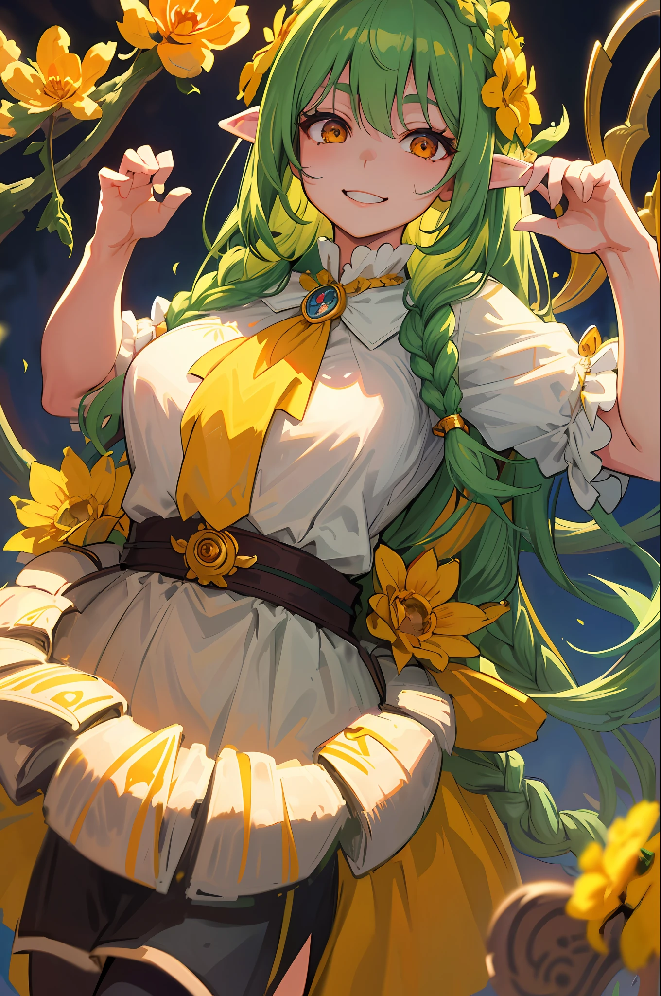 (masterpiece, best quality), (beautiful finely detailed eyes), (extremely detailed CG 8k unit, masterpiece, best quality, ultra-detailed, best shadow), (detailed background), (beautiful detailed face, beautiful detailed eyes), (dynamic angle) High contrast, (best lighting, an extremely delicate and beautiful),1girl, elf, brunette ((splashes of colored paint on background, dulux,)), dynamic angle, beautiful detailed brightness, neckline, large bust, smiling, happy, green hair, braided hair, braid with flowers, long braid, long hair, orange eyes, flower brooch, yellow flower brooch, wreath, flower in hair, bard, bard clothes