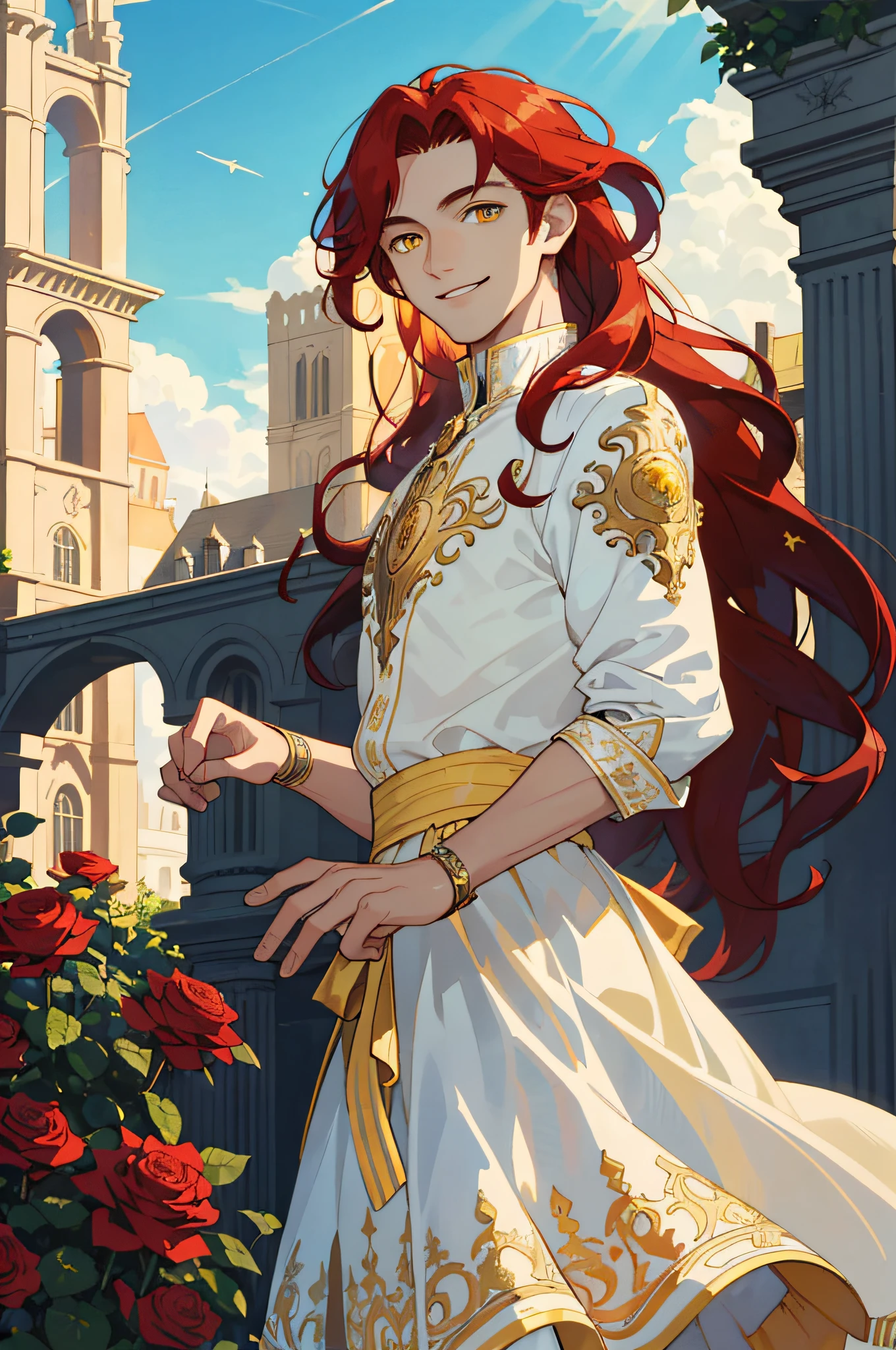 Masterpiece, best quality, 1 male, teenager, delicate eyes, intricate details, rich movements, delicate skirt, long curly red hair, yellow eyes, smile, gentle smile, sunlight, rose, flame, best light and shadow, sky blue