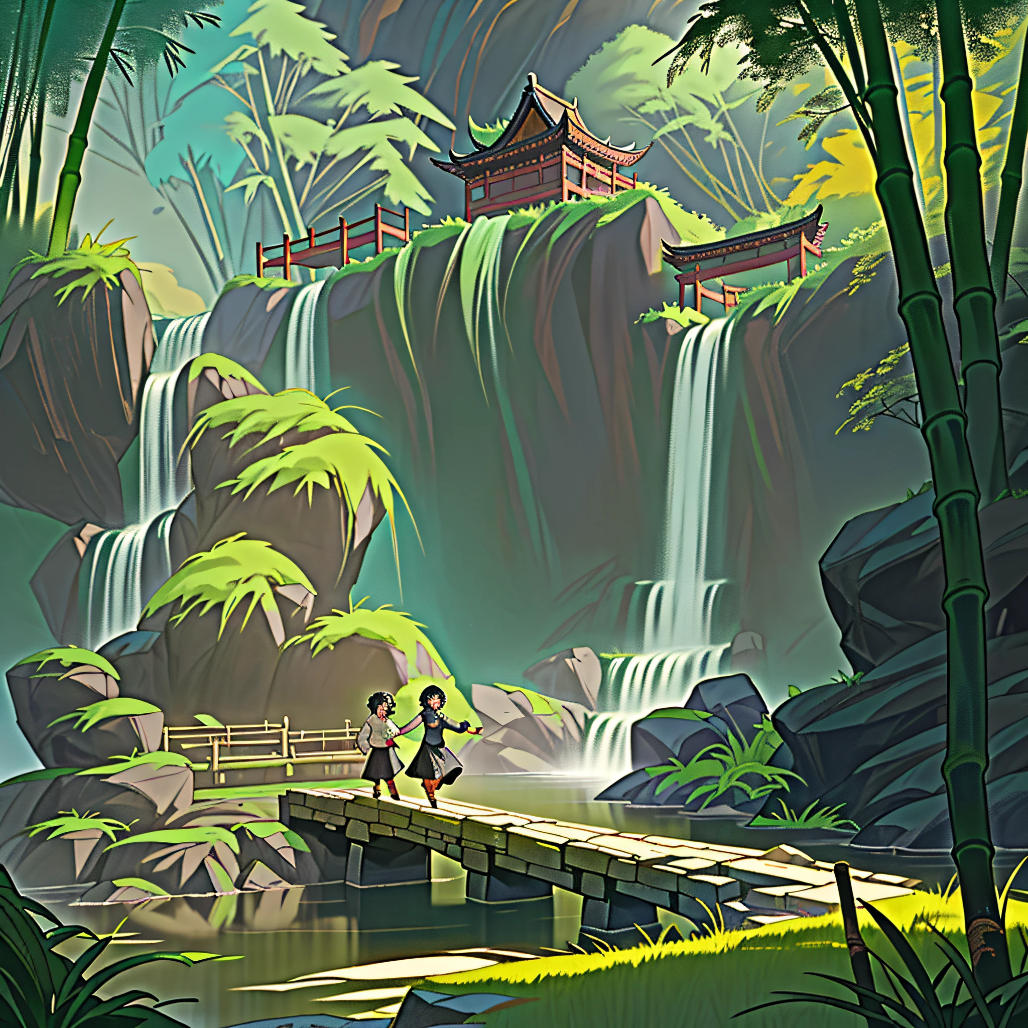Ancient Chinese architecture, cool colors, dark night, garden, bamboo, lake, stone bridge, rockery, arch, corner, tree, running water, landscape, outdoor, waterfall, grass, rock, dense fog, (Illustration: 1.0), epic Composition, HD details, masterpiece, best quality, (very detailed CG unity 8k wallpapers) --v 6