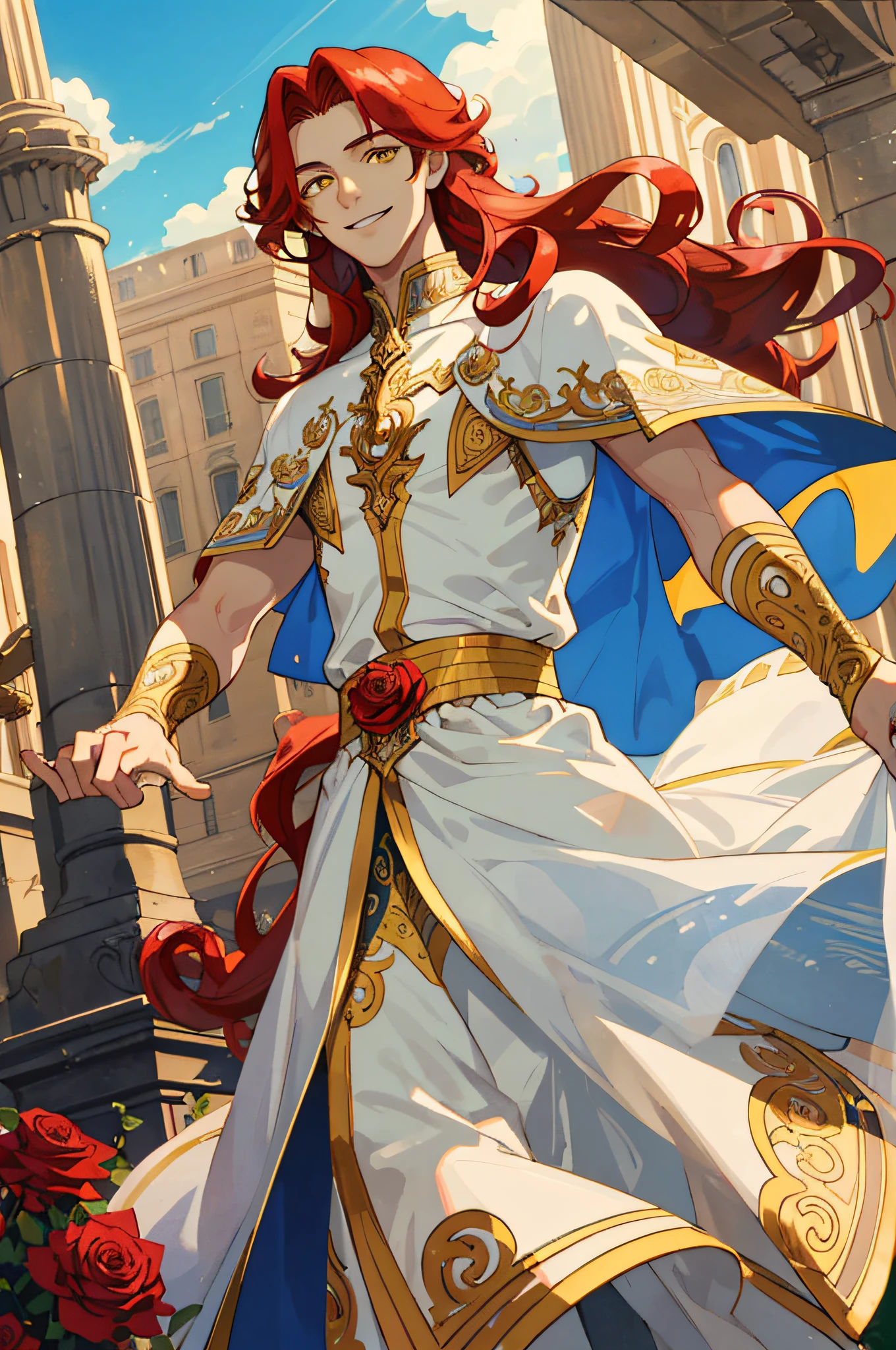 Masterpiece, best quality, 1 male, teenager, delicate eyes, intricate details, rich movements, delicate skirt, long curly red hair, yellow eyes, smile, gentle smile, sunlight, rose, flame, best light and shadow, sky blue