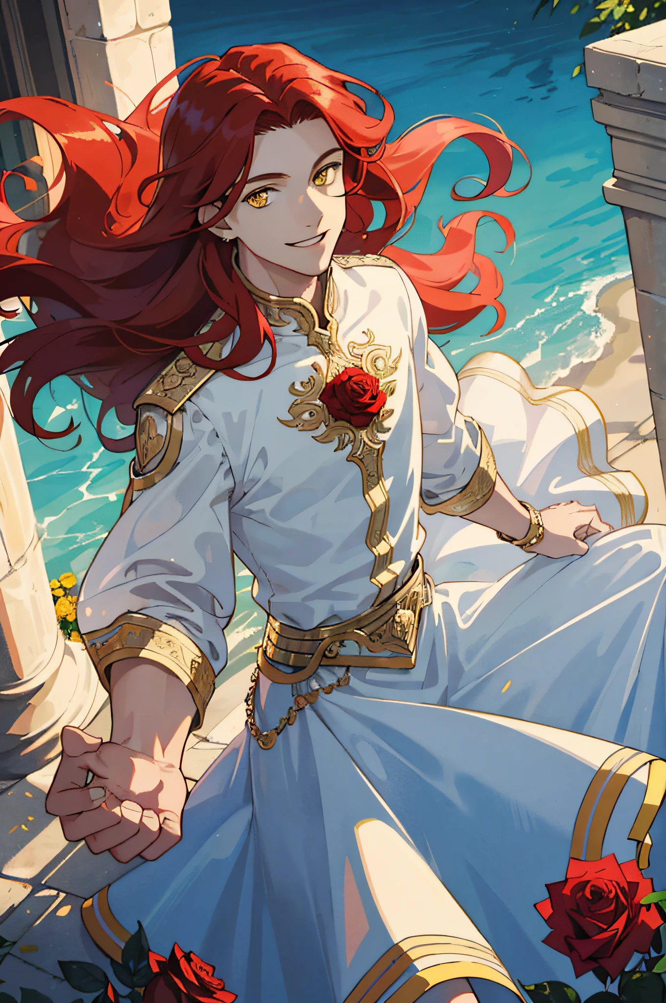 Masterpiece, best quality, 1 male, teenager, delicate eyes, intricate details, rich movements, delicate skirt, long curly red hair, yellow eyes, smile, gentle smile, sunlight, rose, flame, best light and shadow, sky blue