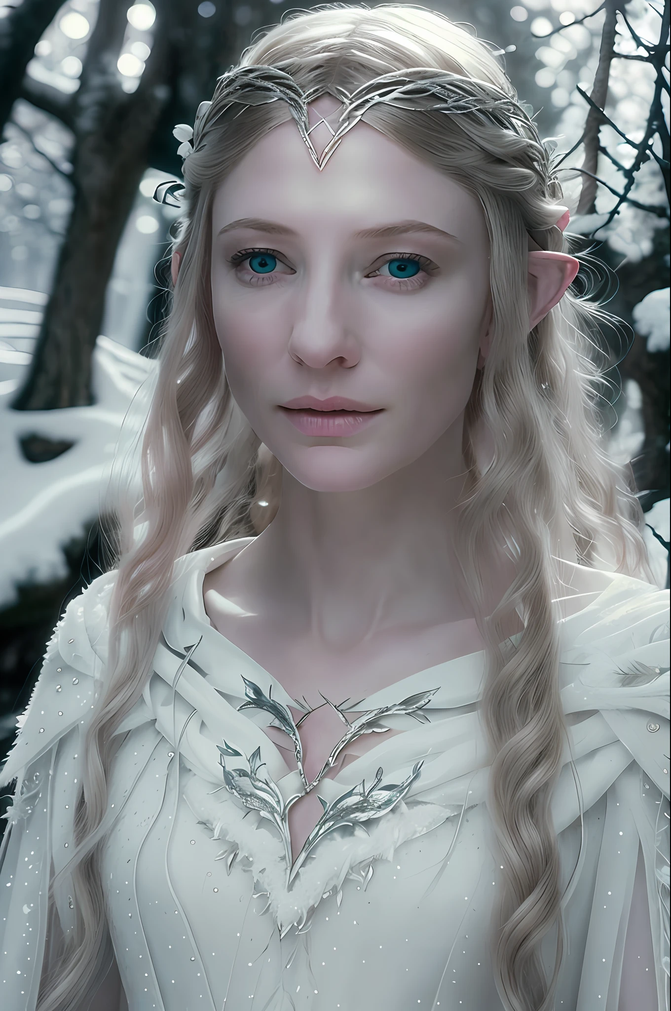 portrait painting of 1girl, galadriel, elf, blonde hair, blue eyes, white dress, detailed skin, fantasy, snowy nordic forest, modelshoot style, (extremely detailed CG), photo of beautiful artwork, (Antonio Moro), (Jeremy Mann), High Detail, Sharp focus, dramatic, oil painting, realistic