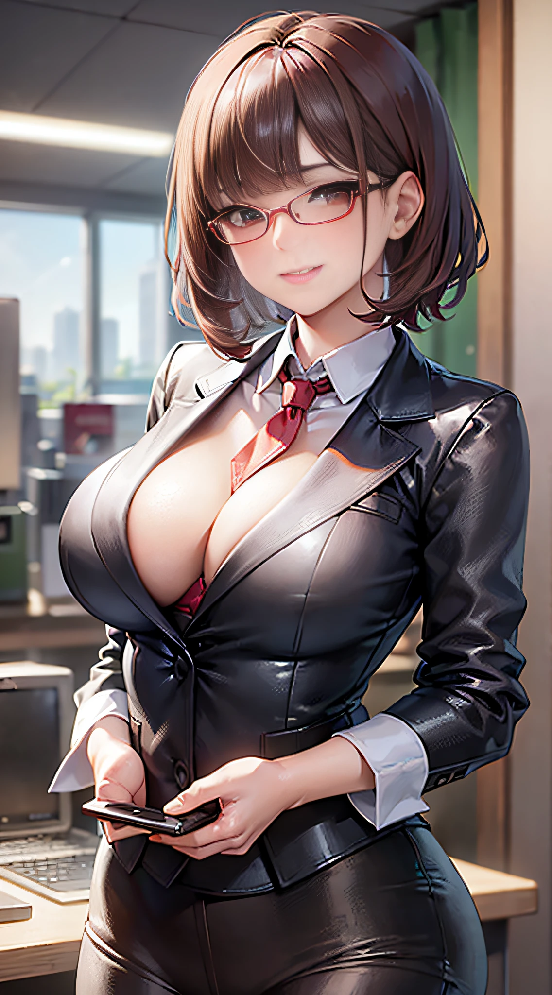 best quality, masterpiece, 1girl, (solo), standing, suit, red tie, short hair, blunt bangs, (((perfect eyes))), (perfect body))), brunette hair, red eyes, (((office)), dark circles, desk, light smile, shut up, big breasts, glasses,