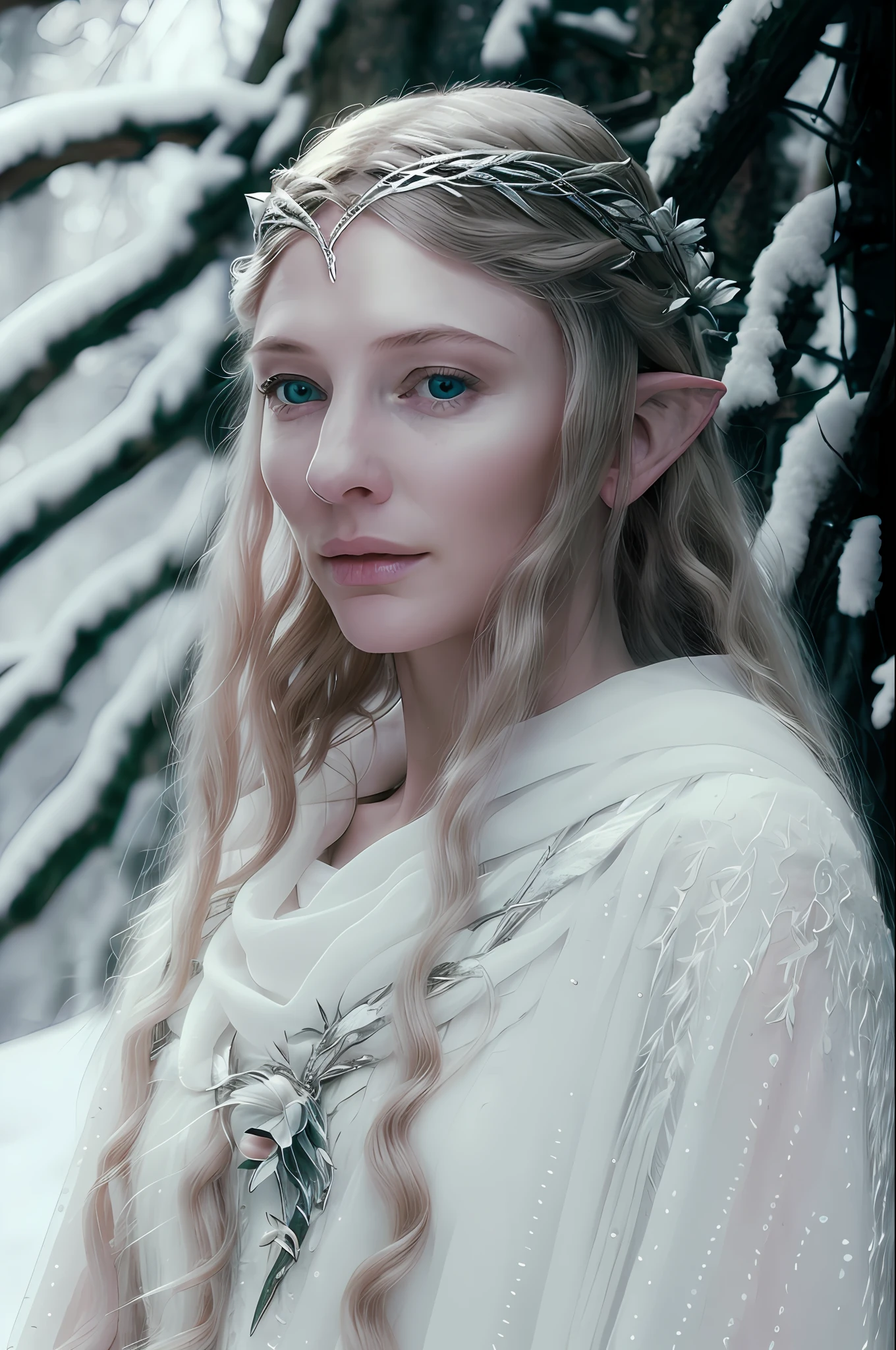 portrait painting of 1girl, galadriel, elf, blonde hair, blue eyes, white dress, detailed skin, fantasy, snowy nordic forest, modelshoot style, (extremely detailed CG), photo of beautiful artwork, (Antonio Moro), (Jeremy Mann), High Detail, Sharp focus, dramatic, oil painting, realistic