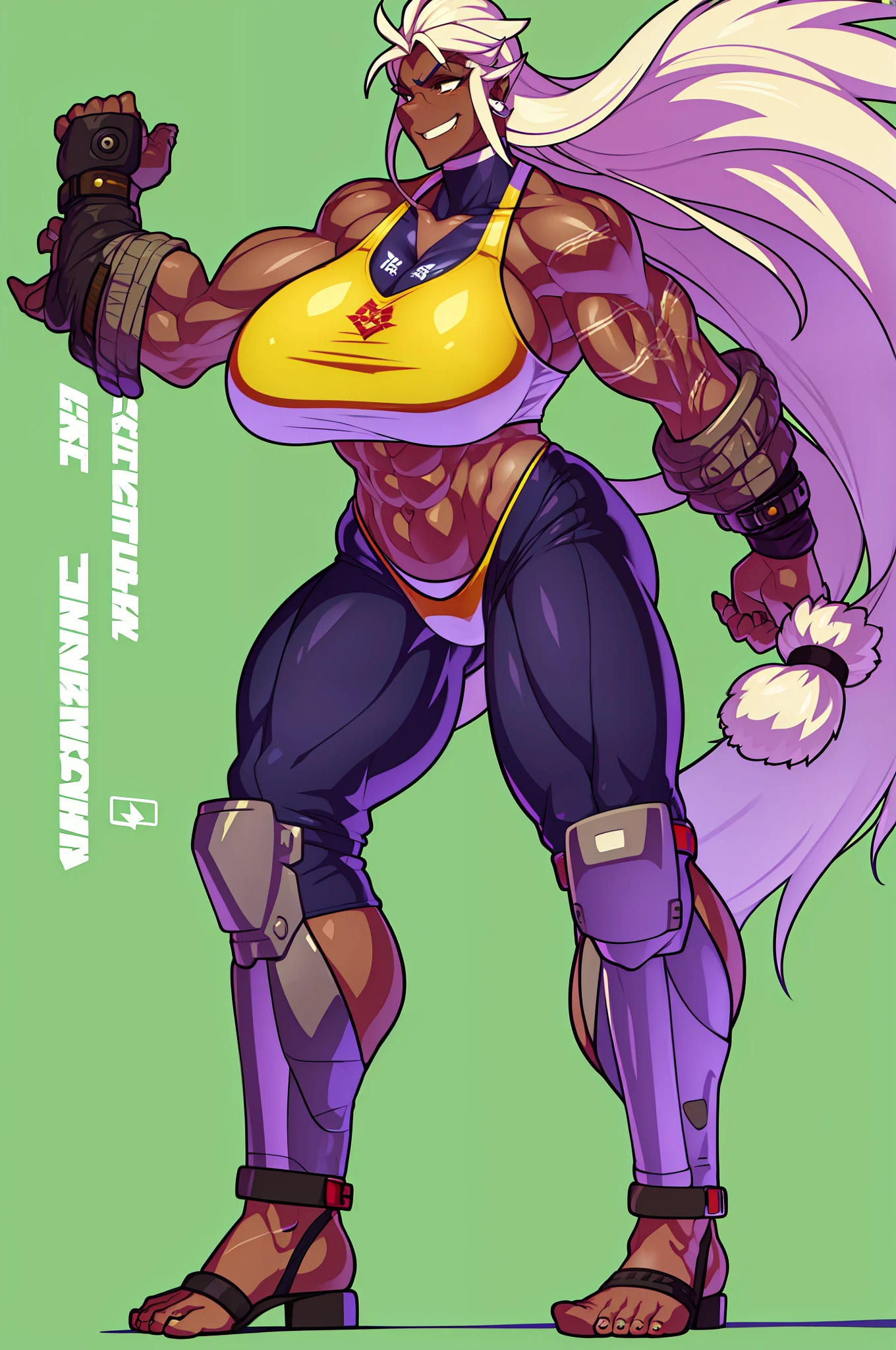 muscle girl,huge breast,, tall female, ,pants, solo focus, 1character, portrait full body,dark skinned female, , vest, coat, walking, medieval clothing, long hair, blond hair,, open mouth smile, revealing cloths, , angel girl, berserker, warrior,portrait, full body, walking, halo, lingerie,flipflops