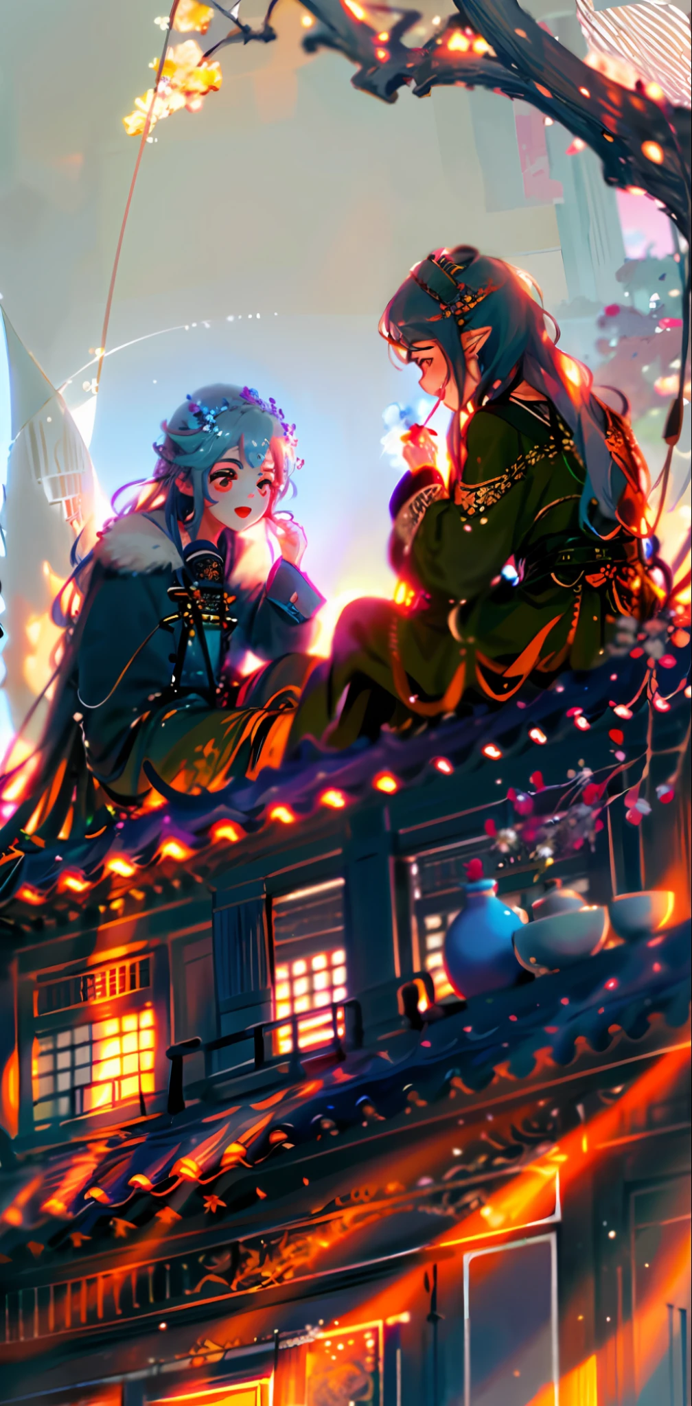 masterpiece, best quality, extremely detailed, detailed background, detailed face, 2girls, [light blue hair|blue hair|white hair], [white eyes|blue eyes], pointy ears, blush, [straight hair|wavy hair], (messy hair, fluffy hair, long hair:1.1), scenery, atmospheric lighting, light rays, bokeh, depth of field, sparkle, red lips, child, hanfu, branch, malus flower, jewelry, morning, light smile, wide sleeves, glowing, malus tree, spring, east asian architecture, malus blossoms, rooftop, sitting on rooftop, from side, smile, happy,