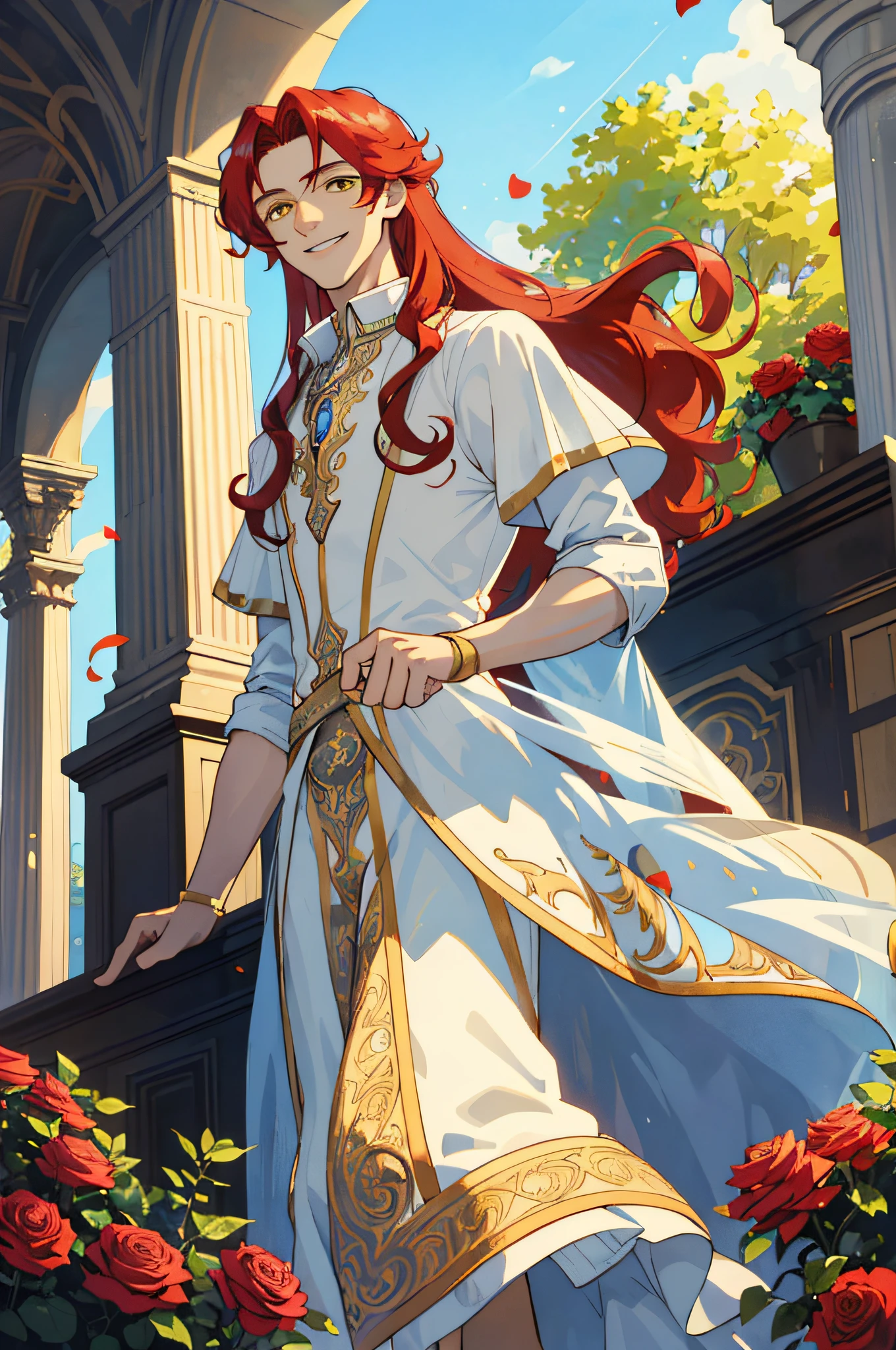 Masterpiece, best quality, 1 male, teenager, delicate eyes, intricate details, rich movements, delicate skirt, long curly red hair, yellow eyes, smile, gentle smile, sunlight, rose, flame, best light and shadow, sky blue