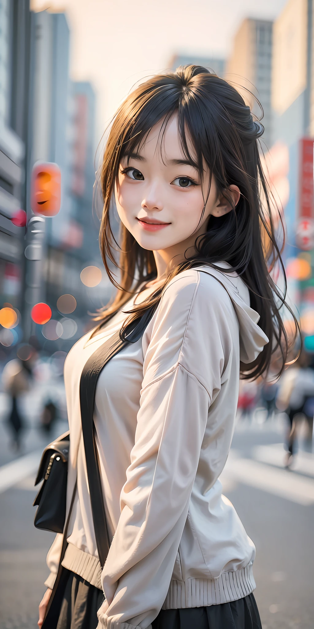1girl, Tokyo street,night, cityscape,city lights,upper body,close-up,smile,, (8k, RAW photo, best quality, masterpiece:1.2),(realistic, photo-realistic:1.37),