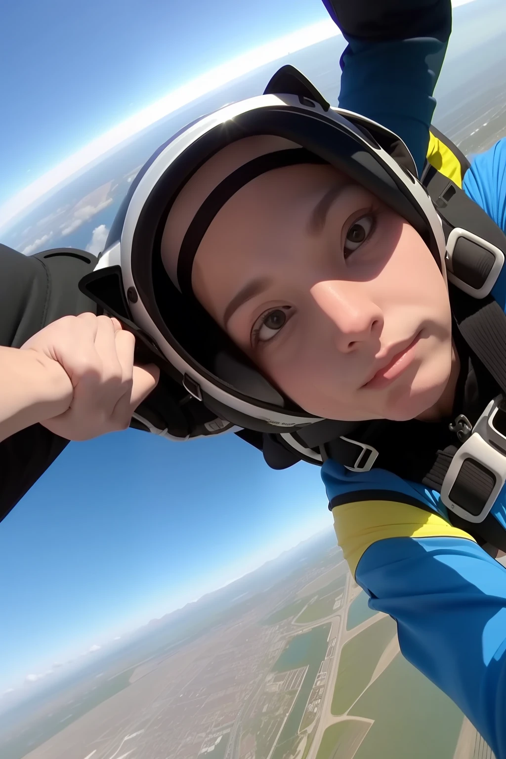 GoPro footage of Beagle skydiving group, cat fall style, wearing skydiving suit, looking at camera, soft volume light,