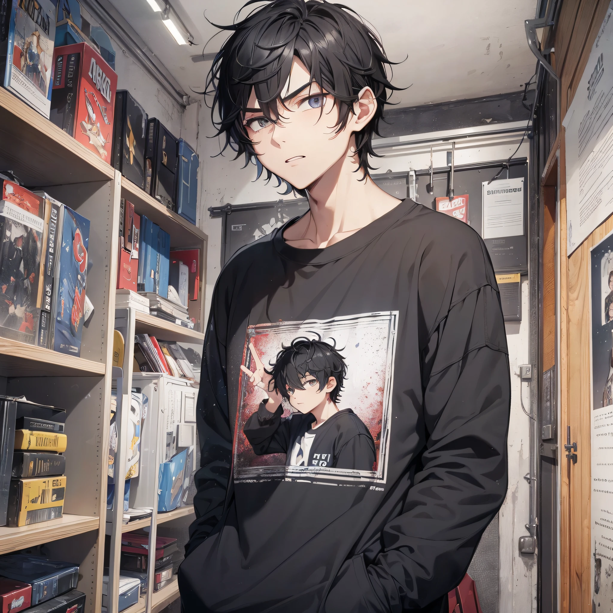 Absurd resolution, high resolution, (masterpiece: 1.4), hyper-detail, young man's messy short black hair, black casual clothes, weird room, angry expression