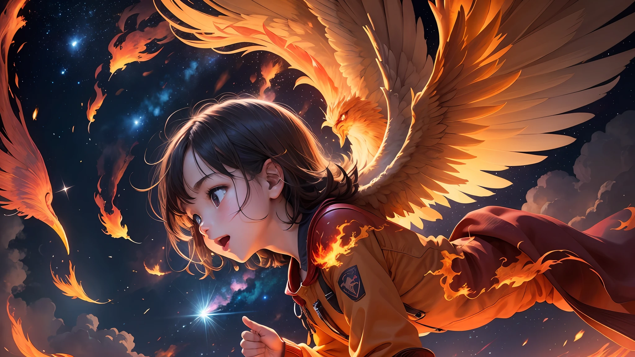 A child looks at the sky amazed and happy. A phoenix engulfed in flames flies overhead, at night, sparks, contrasting color, stars, fire, contrasting colors, fire lighting, textures, details intricate --auto --s2