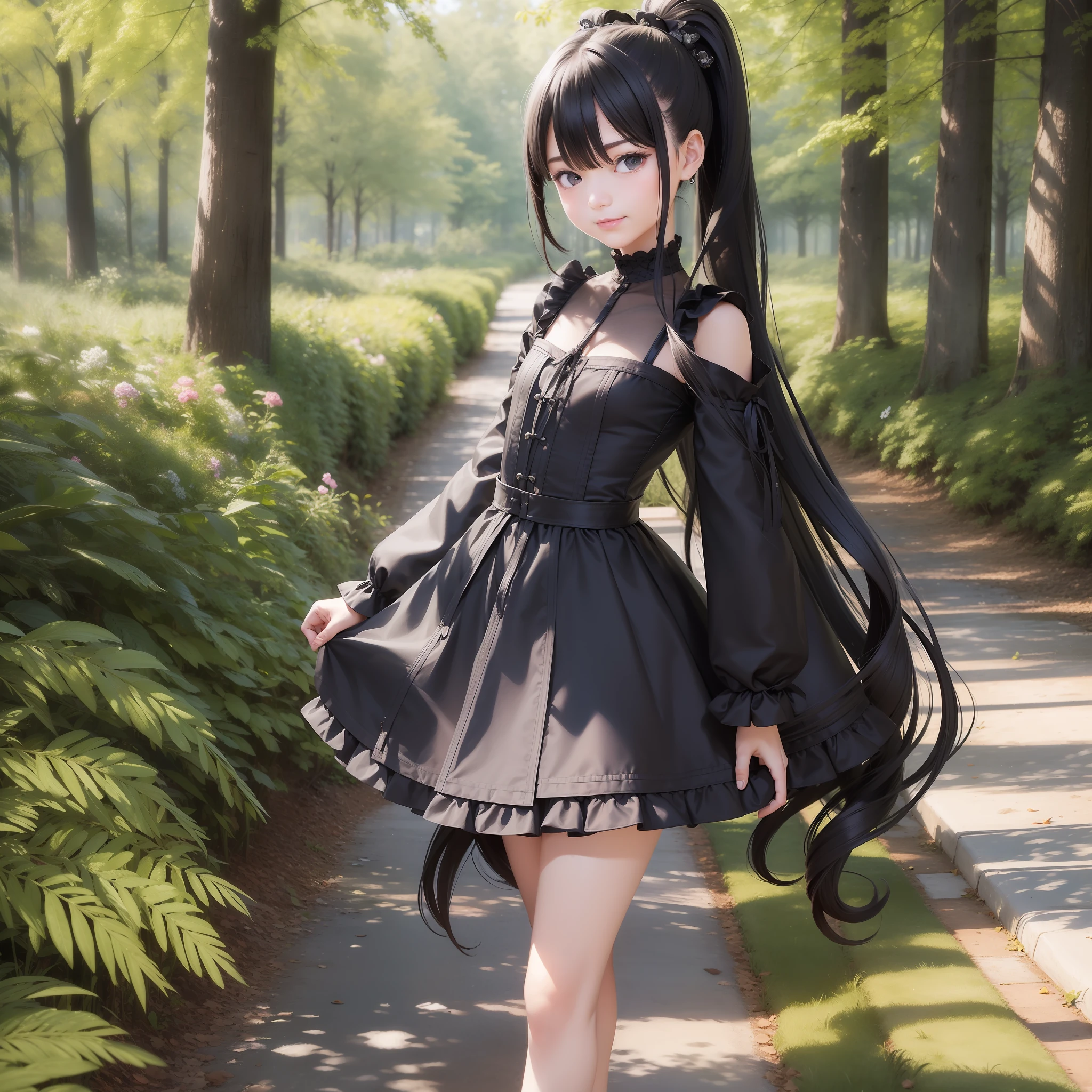 (8K, Best Quality, Masterpiece: 1.2), (Realistic, Realistic:1.37), Super Detailed, 1 Girl, Cute and Beautiful Detailed Sky, Medicine Garden Background, Forest Vista, (Nose Red), (Smile: 1.15), Shut Up, Angry, Crazy, Tsundere, Flat Chest, Lori, Black Hair, Double Ponytail, Beautiful Delicate Eyes, Long Black Hair, Grabbing Hair, Long Hair, Black Costume Long Dress, Puffy Skirt, Double Ponytail, Double Ponytail, Two Ponytails, , Littack Double Ponytail, Full Body Portrait.