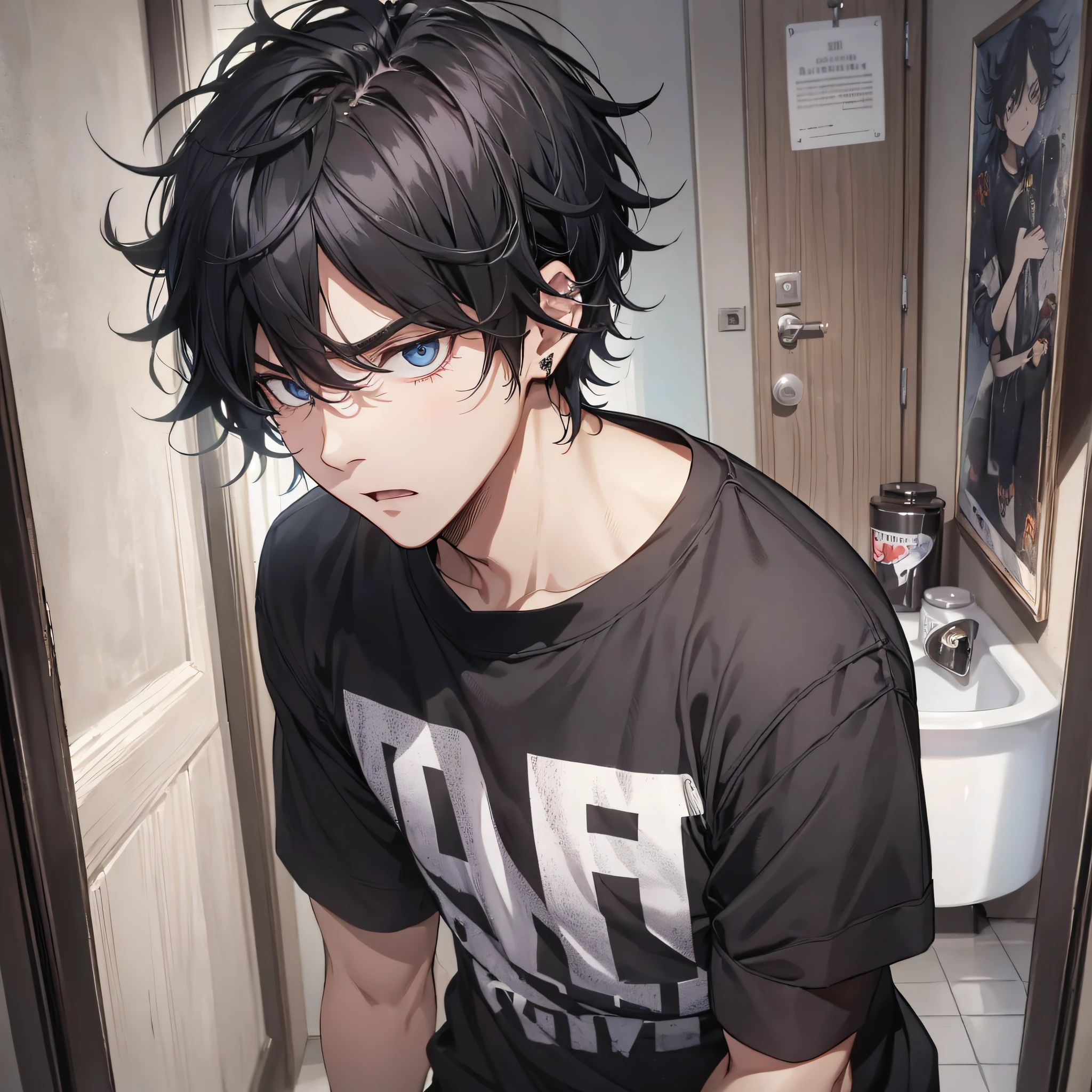Absurd resolution, high resolution, (masterpiece: 1.4), hyper-detail, young man's messy short black hair, black casual clothes, spooky room, toilet doorway, angry expression