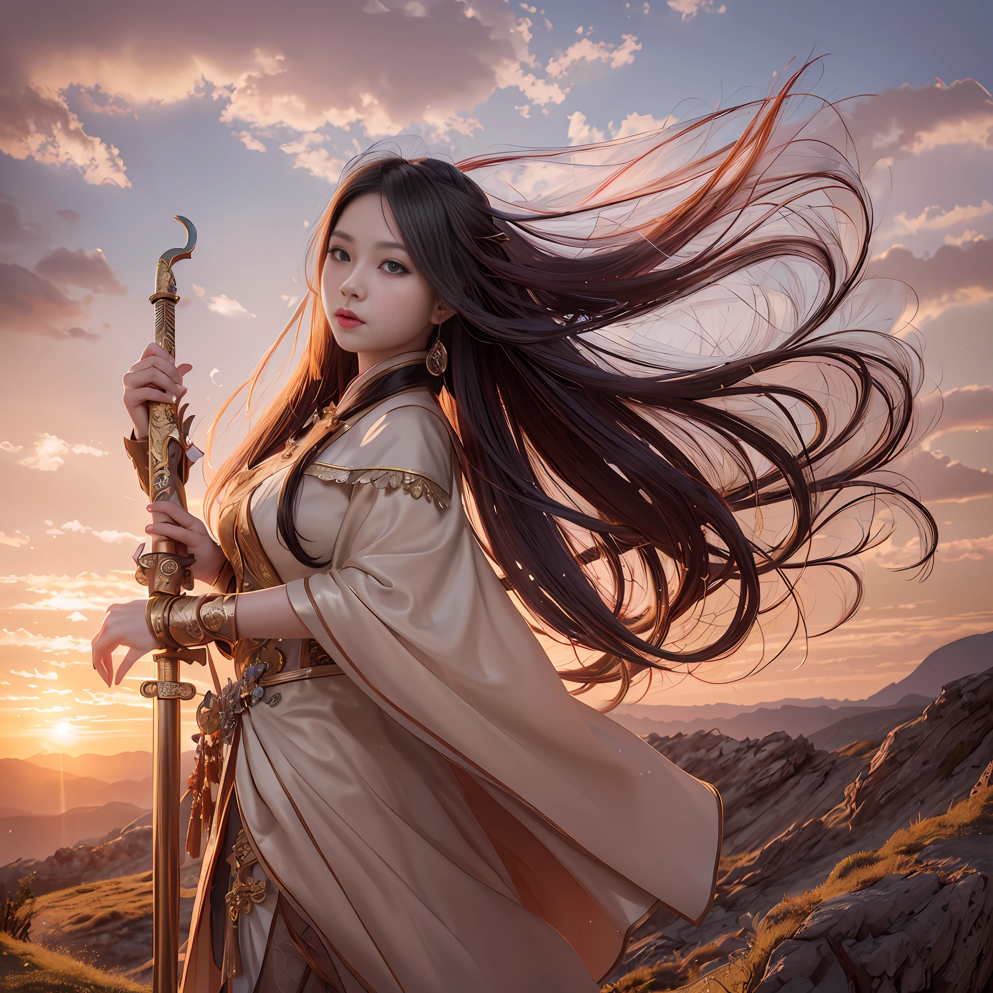 Asian woman in long skirt holding a sword on the mountain, fantasizing about a picture of a person, she carries a sword on her back, a young woman, she holds a sword, gorgeous Chinese pole arms behind her, flowing hair and robes, carrying a sword on her shoulder, beautiful young wind spirit, fantasy photo shooting, a beautiful female warrior