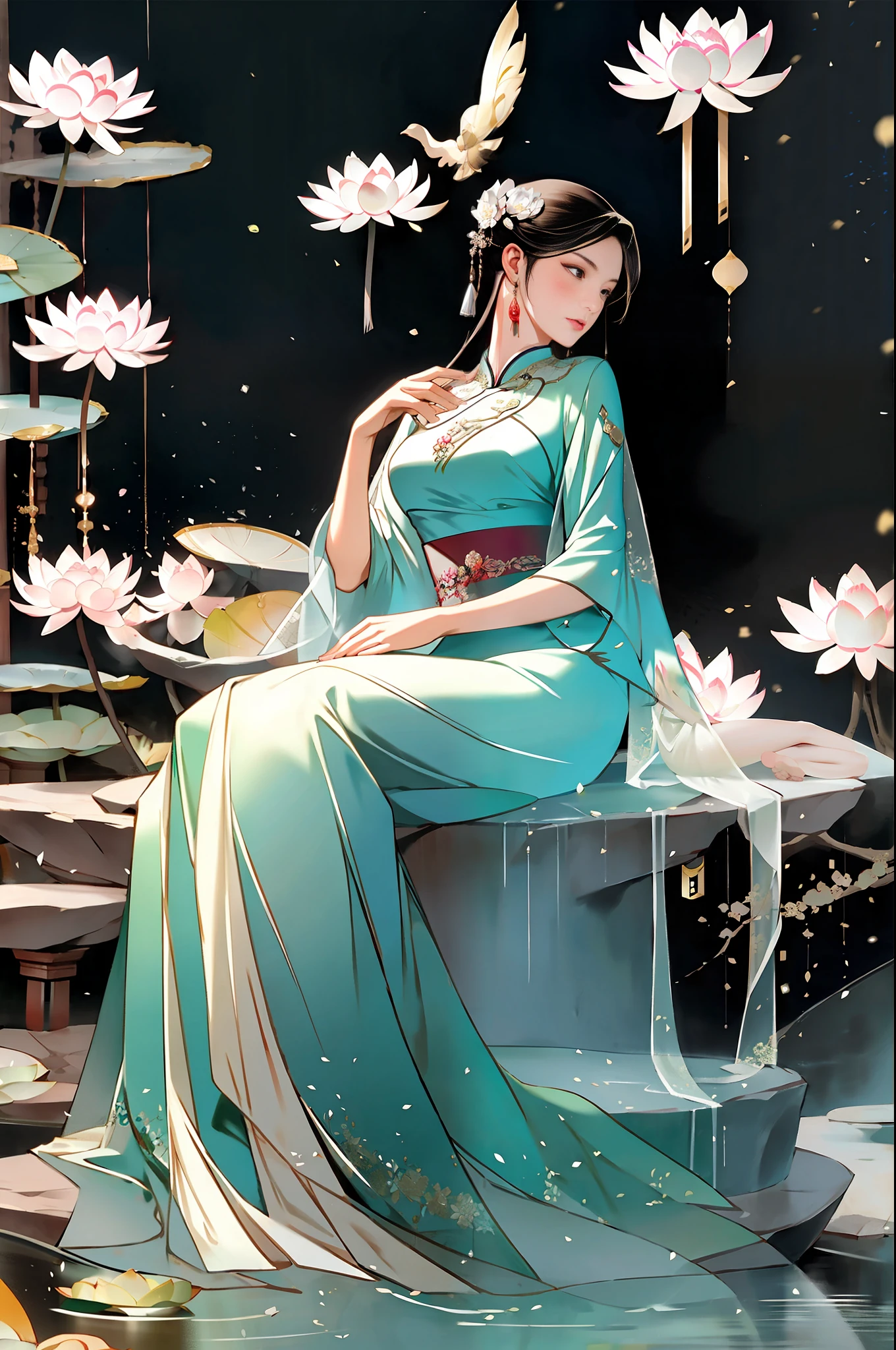 An ancient Chinese beauty sitting on a stone, wearing ancient Chinese clothing, flowing tulle, light silk, lazy posture, large lotus leaf, lotus, ink painting style, clean color, decisive cutting, blank, freehand, masterpiece, super detailed, epic composition, high quality, the highest quality, 4k --v 6