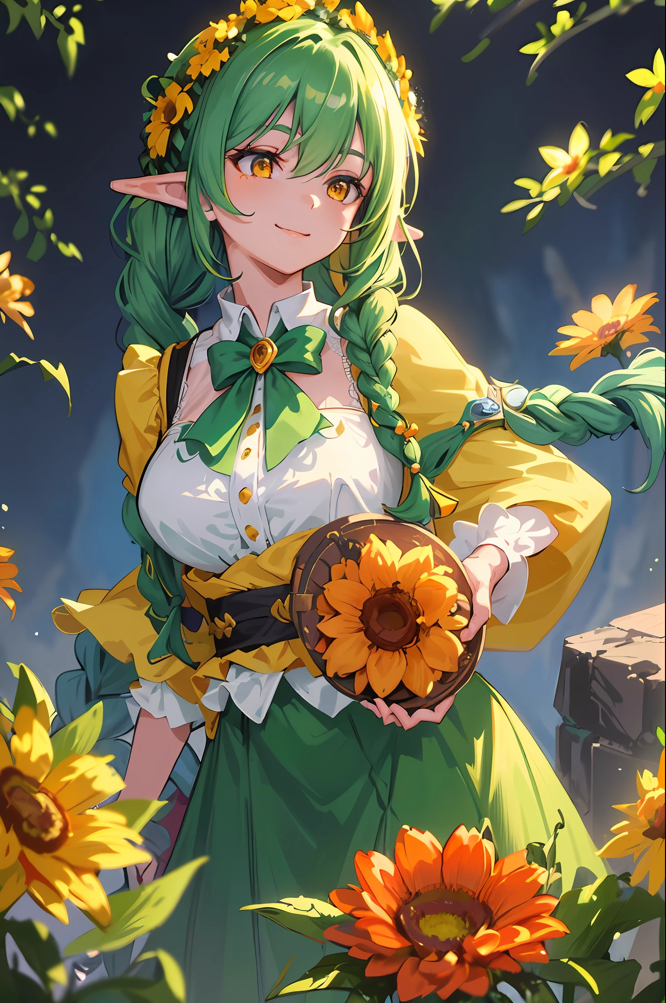 (masterpiece, best quality), (beautiful finely detailed eyes), (extremely detailed CG 8k unit, masterpiece, best quality, ultra-detailed, best shadow), (detailed background), (beautiful detailed face, beautiful detailed eyes), (dynamic angle) High contrast, (best lighting, an extremely delicate and beautiful),1girl, elf, ((splashes of colored paint on the background, dulux,)), dynamic angle, beautiful detailed brightness, neckline, large bust, smiling, happy, green hair, braided hair, braids, braids with flowers, long braid, long hair, orange eyes, flower brooch, yellow flower brooch, wreath, flower in hair, bard, bard clothes,