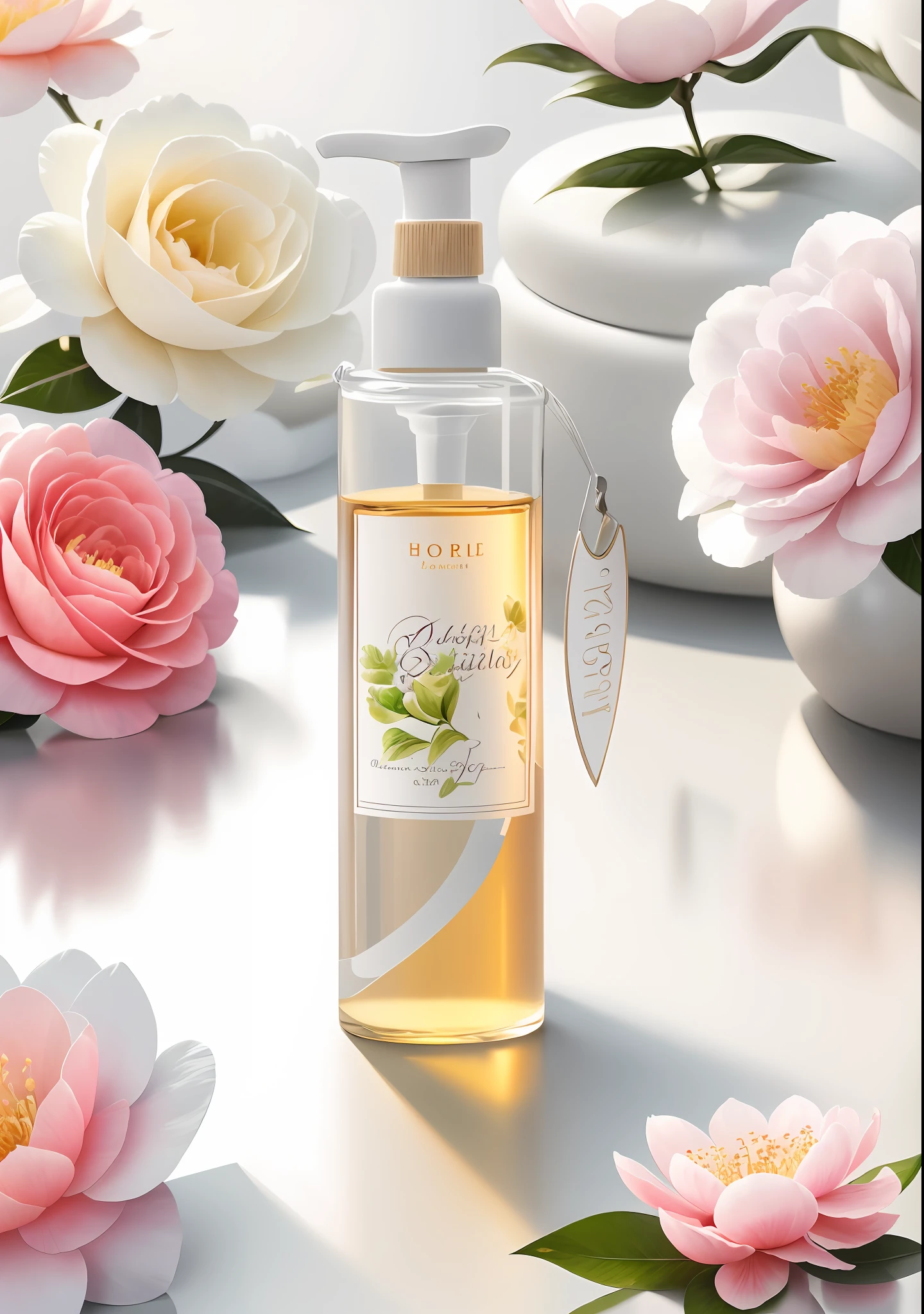 A stunning product photography capturing the essence of the white camellia flowers. The scene is set amidst a bed of blooming white camellias, providing a beautiful backdrop for the product. The photograph is taken in high resolution, either 4K or 8K, to ensure every detail of the product is preserved. The focus is on the product, which is placed in the center of the composition. The product, a bottle, is showcased in its natural environment, surrounded by the delicate petals of the camellia flowers. The lighting is carefully chosen to enhance the beauty of the scene, with soft natural light filtering through the flowers, creating a dreamy and ethereal atmosphere. This image captures the true essence of the product, highlighting its details and presenting it in a visually appealing and realistic setting.