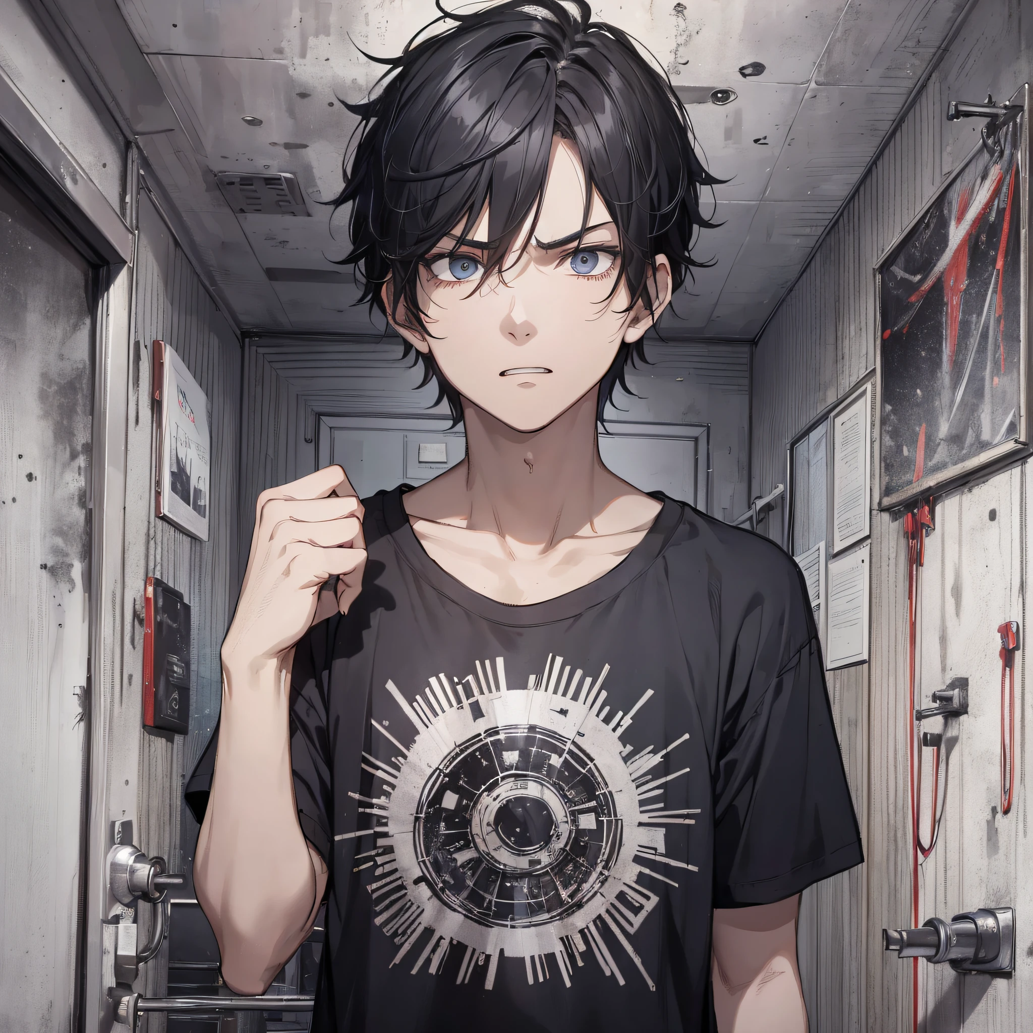 Absurd resolution, high resolution, (masterpiece: 1.4), hyper-detail, young man's messy short black hair, black casual clothes, spooky room, toilet doorway, angry expression
