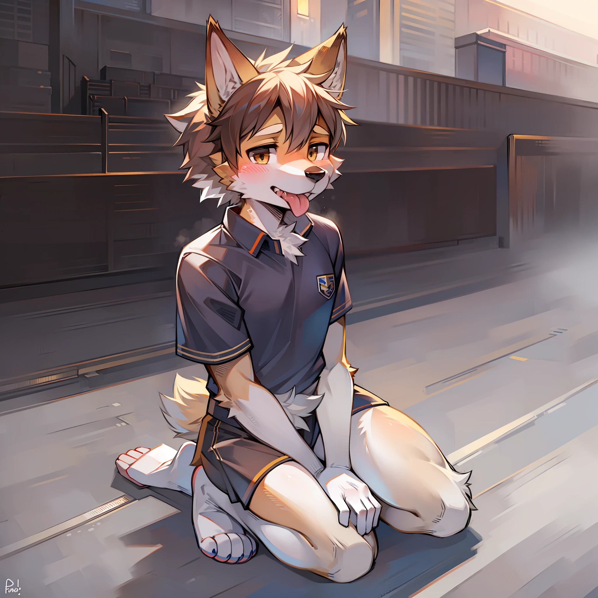 White socks, sports student, German Shepherd, sticking out his tongue, kneeling on the ground, facing the audience, fawning expression