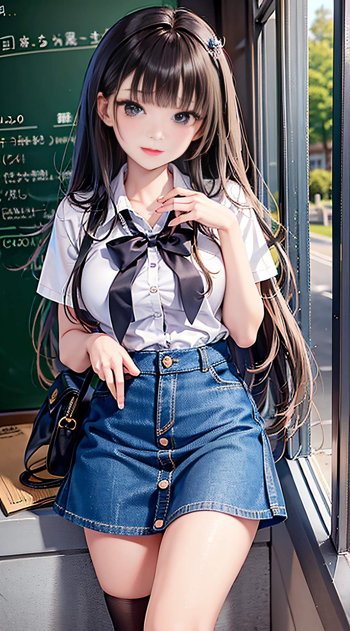 Masterpiece, Superb Piece, 1 Female, Long Hair, Brunette Hair, Blunt Bangs, Bangs, School Uniform, Collar, Ruffled Short Skirt, Denim Photo: P, Tsundere, (1.2), Hair Accessories, Shoes, Classroom, Blackboard,