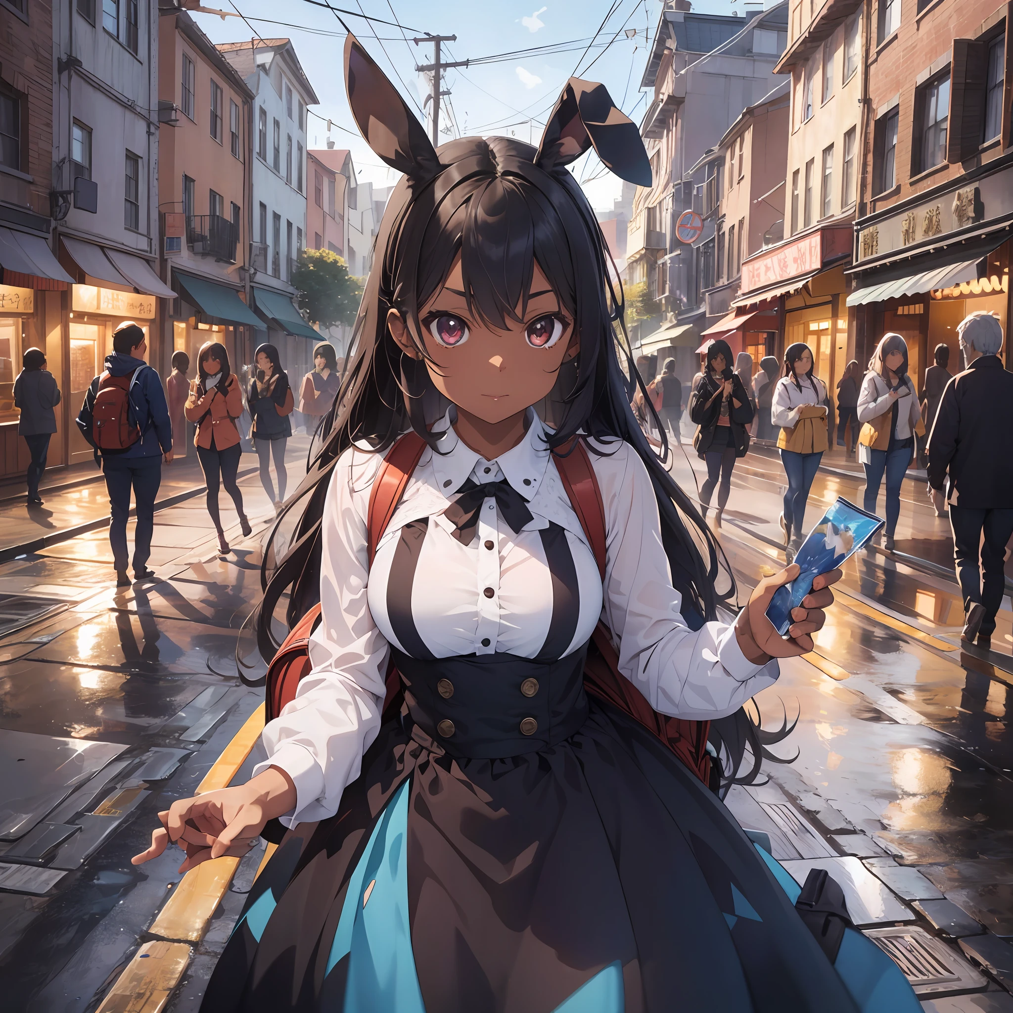 Backgrounds are party venue, formal long dress, thick eyebrows, (huge backpack: 1.5), (dark skin: 1.3), brown skin, movie lighting, small, rabbit ears, (masterpiece), ((best quality)), (super detailed), glossy skin, full body anime girl, clean and detailed anime face, high resolution anime eyes, five fingers, textile shading, perfect human structure, perfect anatomy,