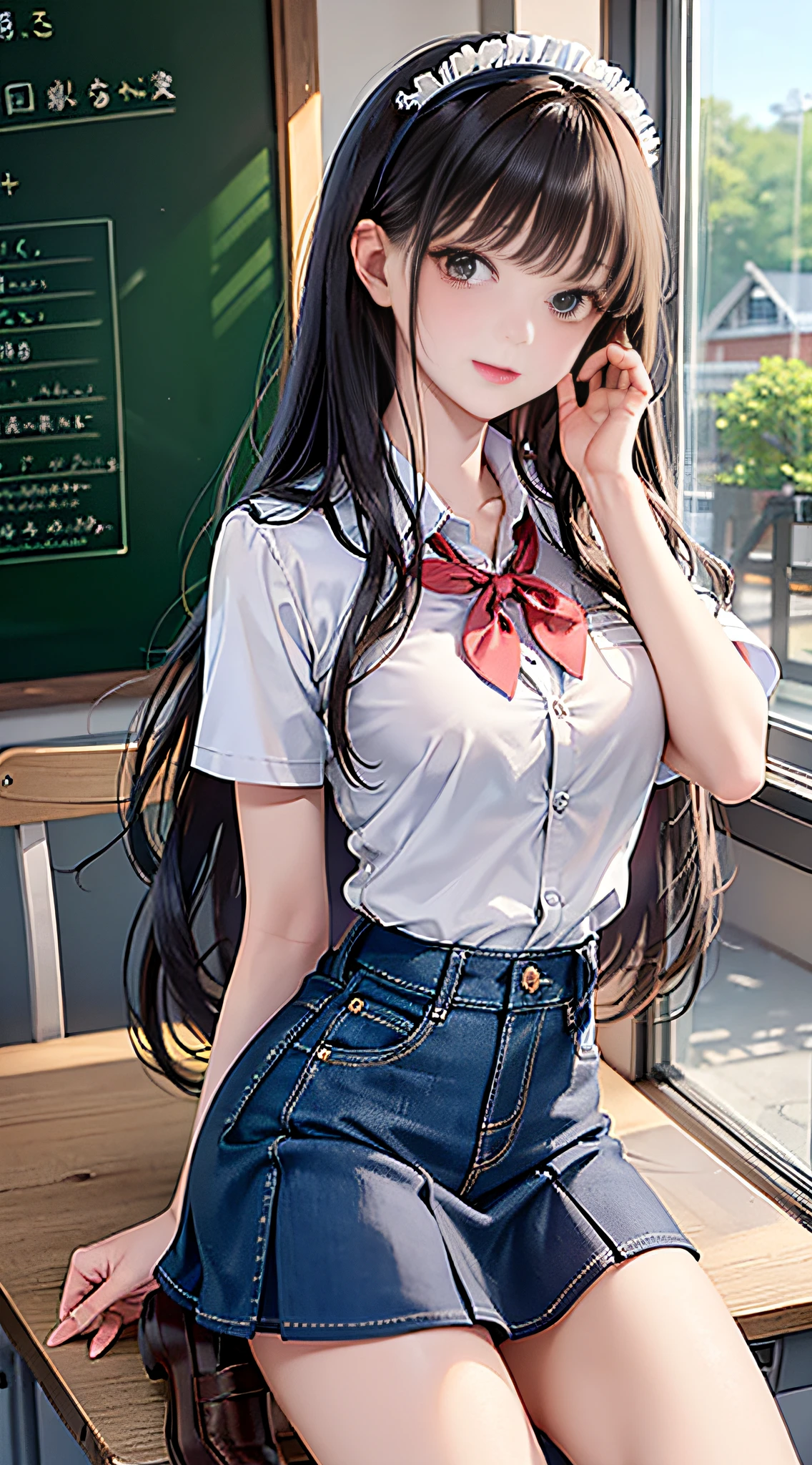 Masterpiece, Superb Piece, 1 Female, Long Hair, Brunette Hair, Blunt Bangs, Bangs, School Uniform, Collar, Ruffled Short Skirt, Denim Photo: P, Tsundere, (1.2), Hair Accessories, Shoes, Classroom, Blackboard,