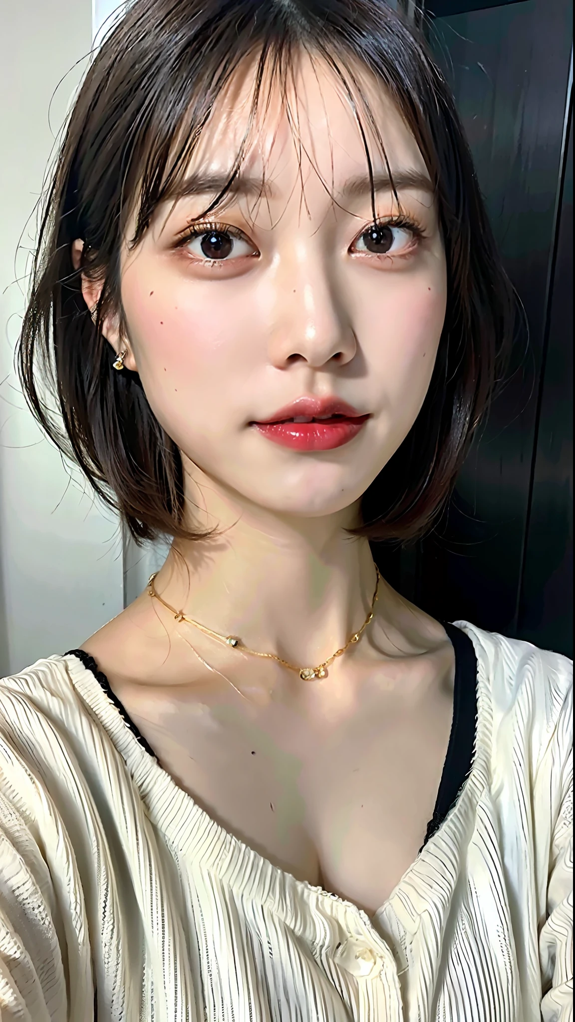 (Best quality, 8k, 32k, Masterpiece, UHD:1.2),Photo of Pretty Japanese woman, ?????????????, very short bob hair,upper body,face focus,oversized_sweater, necklace, simple background, from above, looking at viewer,