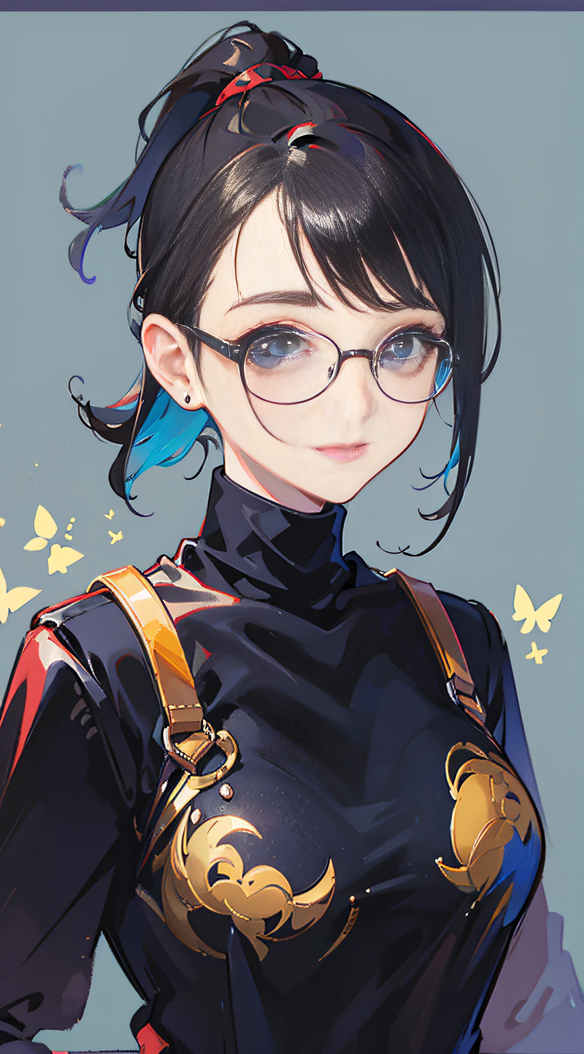masterpiece, best quality, American clothes, 1girl, solo, ponytail, widesmile, eyeglasses, 1girl, short hair, black turtleneck, holding hands