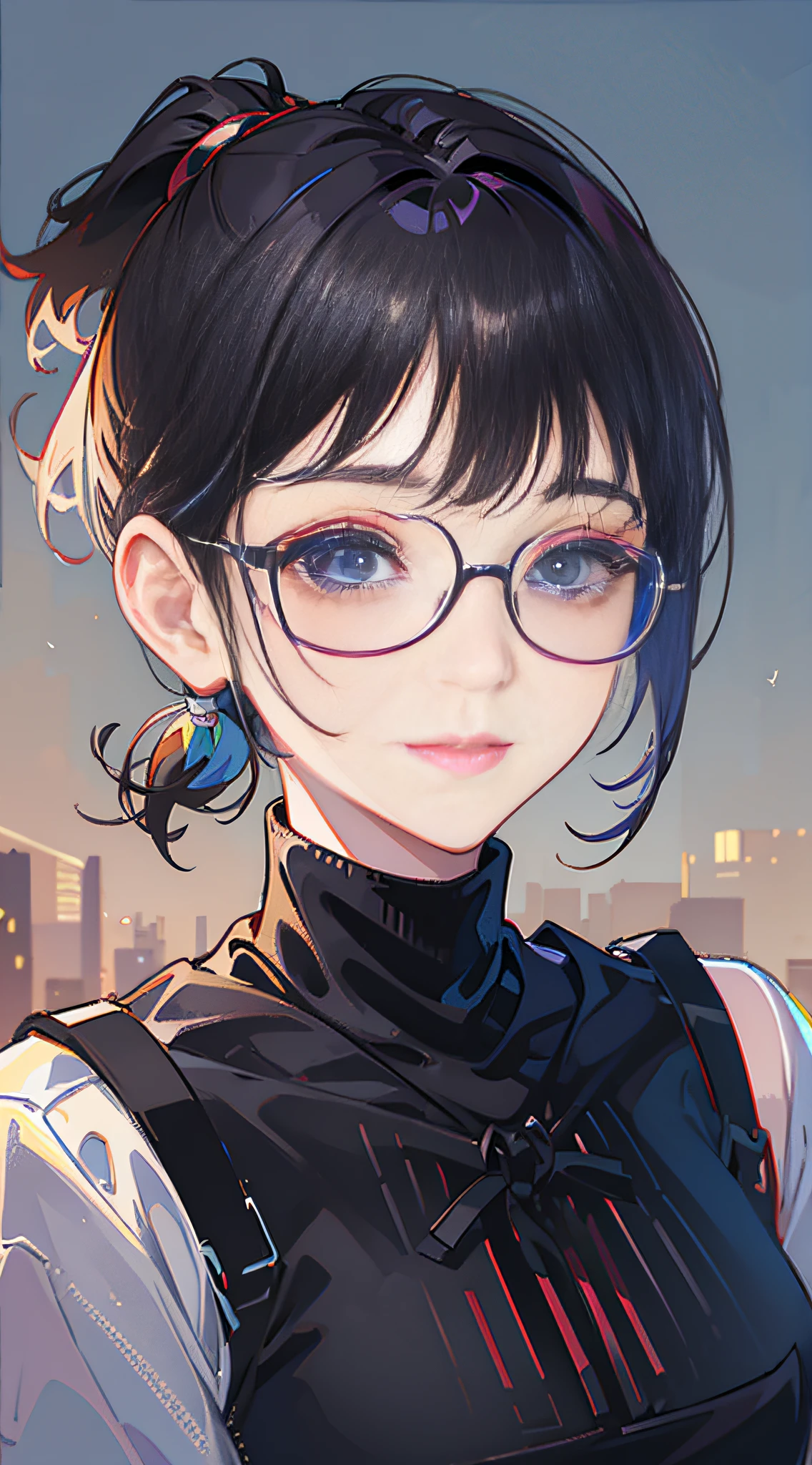 masterpiece, best quality, American clothes, 1girl, solo, ponytail, widesmile, eyeglasses, 1girl, short hair, black turtleneck, holding hands