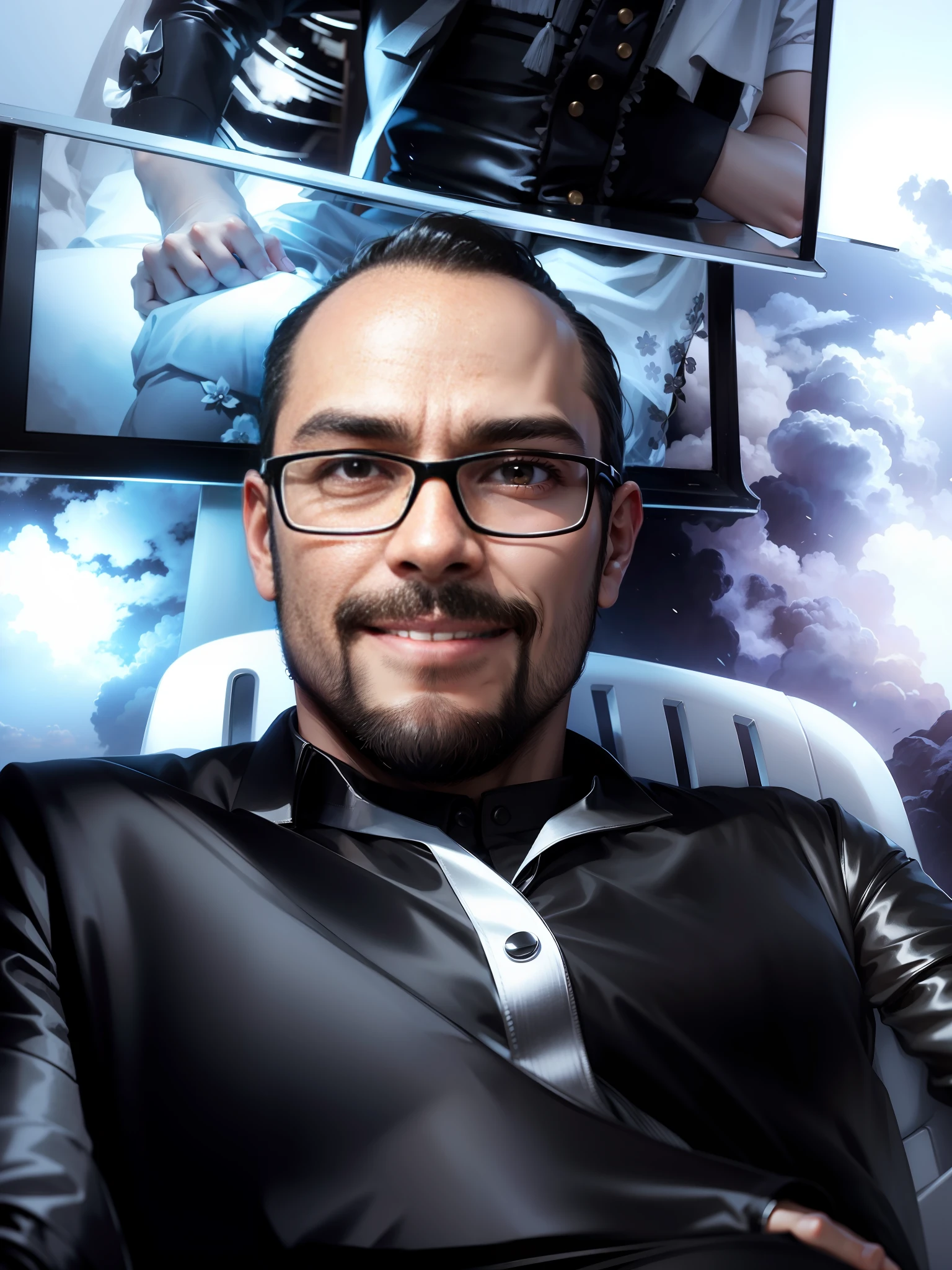 A Man smile wearing black dress sitting on the cara