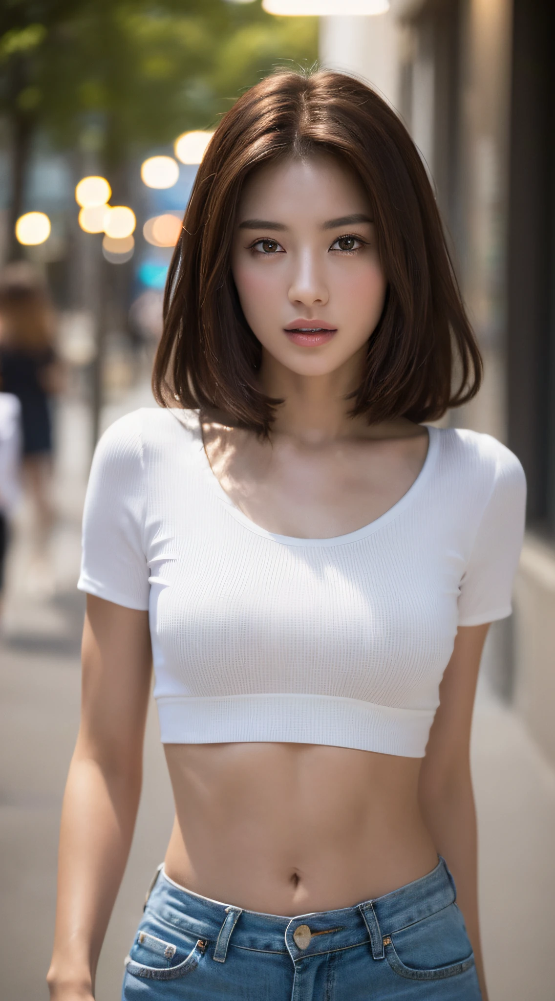 ((Realistic lighting, Best quality, 8K, Masterpiece: 1.3)), Clear focus: 1.2, 1girl, Perfect Figure: 1.4, Slim Abs: 1.1, ((Dark brown hair)), (White crop top: 1.4), (Outdoor, Night: 1.1), City streets, Super fine face, Fine eyes, Double eyelids,