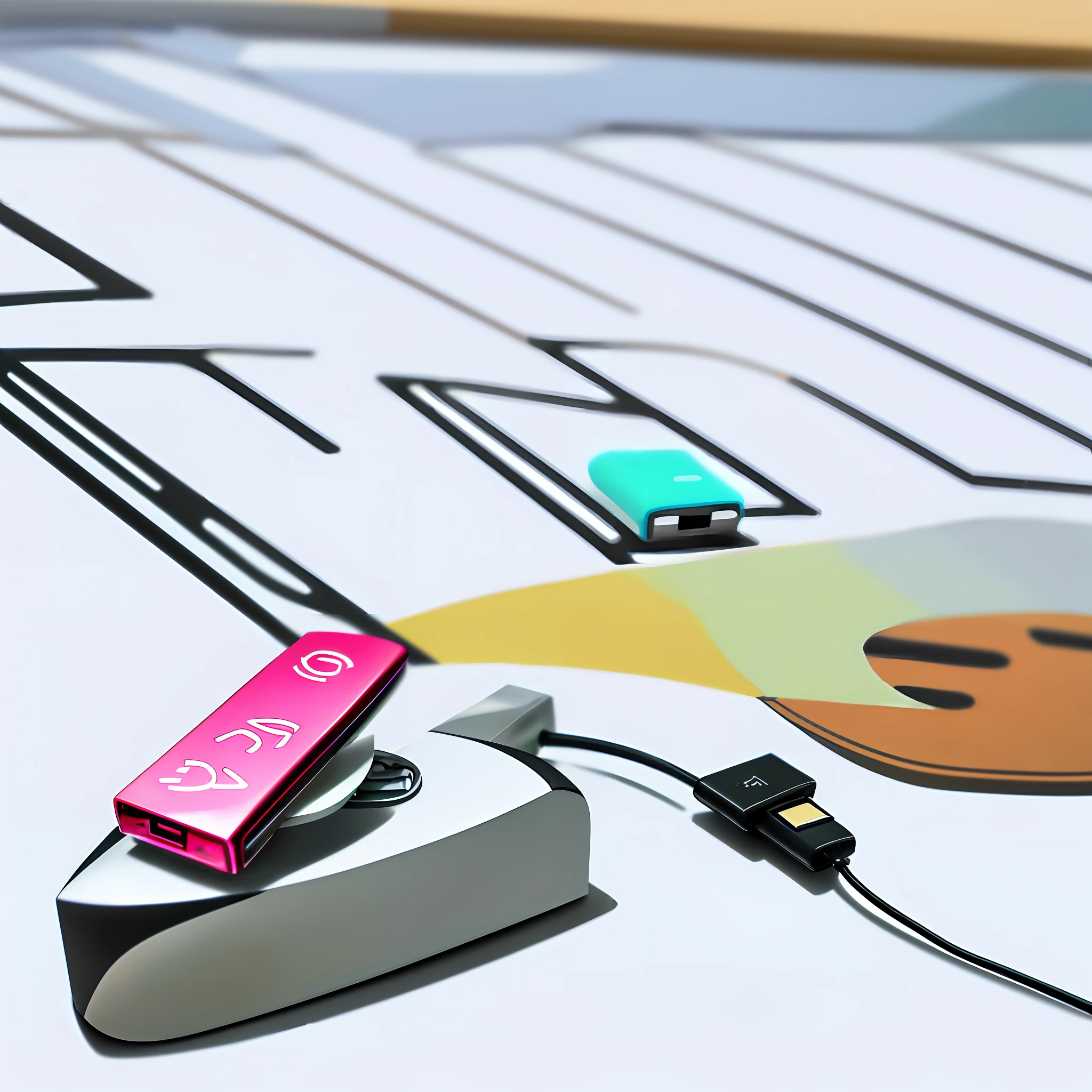 A USB flash drive on the table, give a close-up of the USB drive, with a little small decoration commonly used on the table around it, the overall bright style.