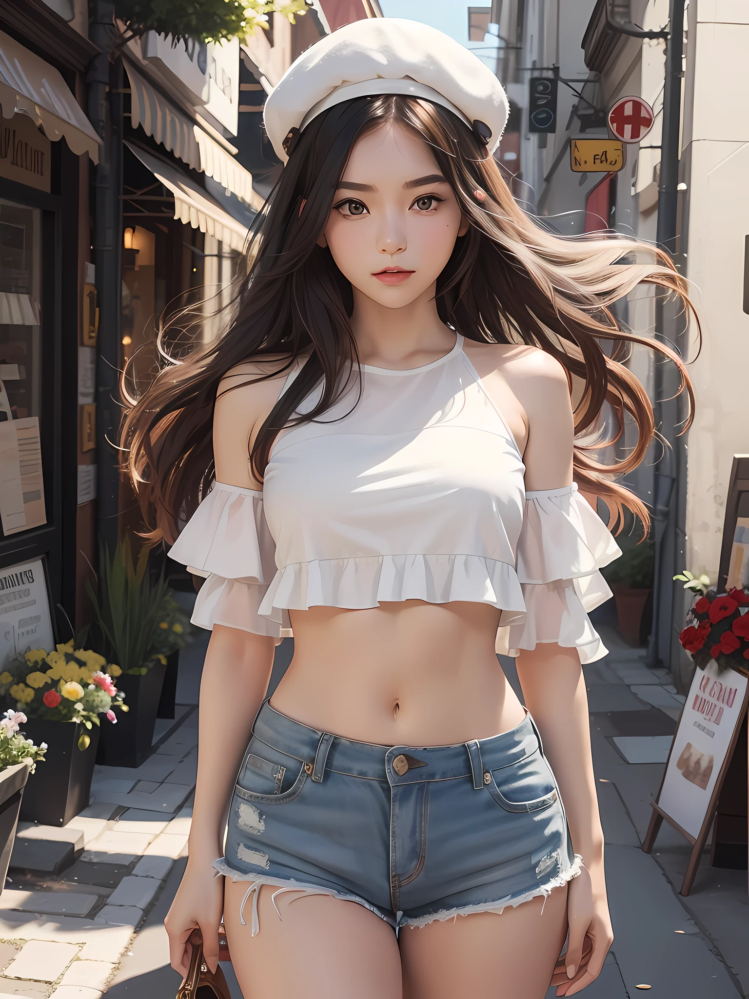 ((Best Quality, 8K, Masterpiece: 1.3)), (Flower Cap: 1.3), Focus: 1.2, Perfect Body Beauty: 1.4, Buttocks: 1.2, (Layered Haircut: 1.2)), (Dark Street: 1.3), Highly Detailed Face and Skin Texture, Full Body, Delicate Eyes, Double Eyelids, Whitened Skin, Long Hair, (Round Face: 1.5), (Loose Crop Top, Shorts: 1.6)