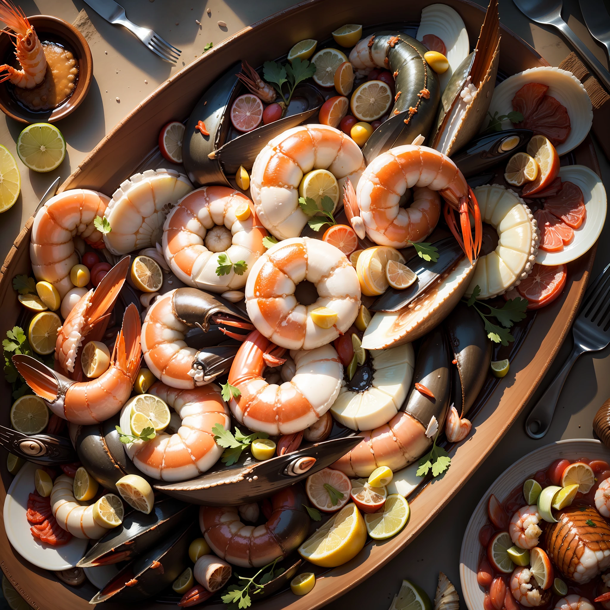 In Portuguese of Portugal a seafood platter closer to reality where appears shrimp, santola, clams, scallops, with a bottom of a beach --auto --s2
