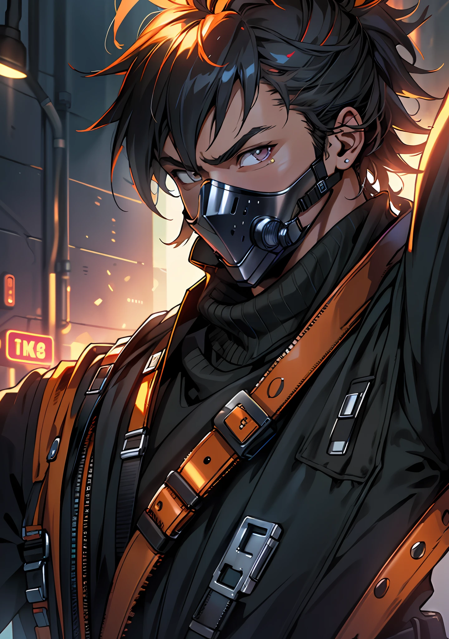 ultra detail, high resolution, ultra detailed, best quality, amazing, top quality, extremely detailed CG unity 8k wallpaper, cinematic lighting, cyberpunk, dark boy, goku gang facemask